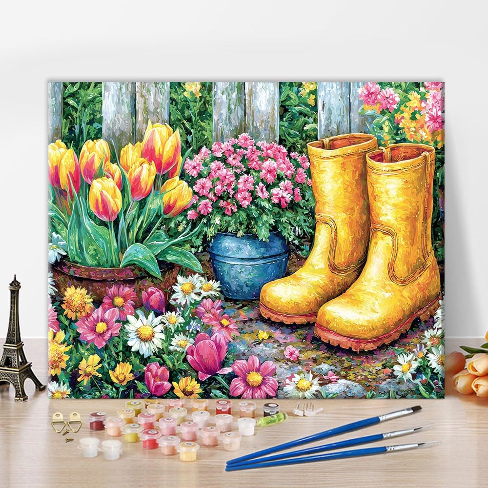 TISHIRON Paint by Number for Adults, Yellow Rain Boots in the Garden Paint by Numbers, Rain Boots Painting by Numbers Kits, Artwork DIY Oil for Adults Painting Craft Kits for Adult, 40x50cm