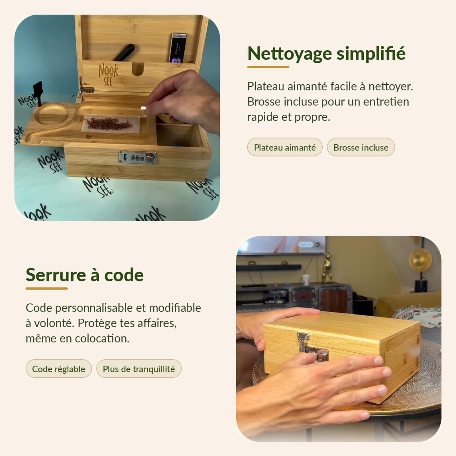 Nooksee Box Rouler en Bambou avec Serrure à Code et 3 Bocaux Anti-Odeur