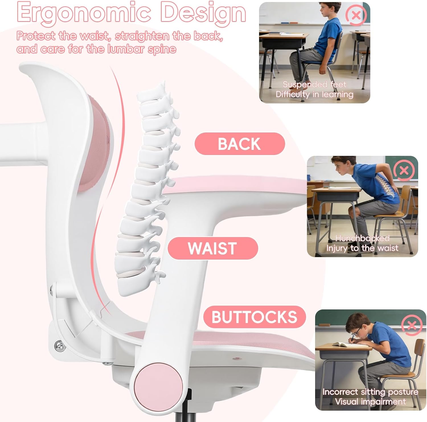Kids Ergonomic Study Desk Chair Adjustable Height, Swivel Mesh Desk Chair with Wheels for Children Boys Girls in Home Bedroom Home Office Pink
