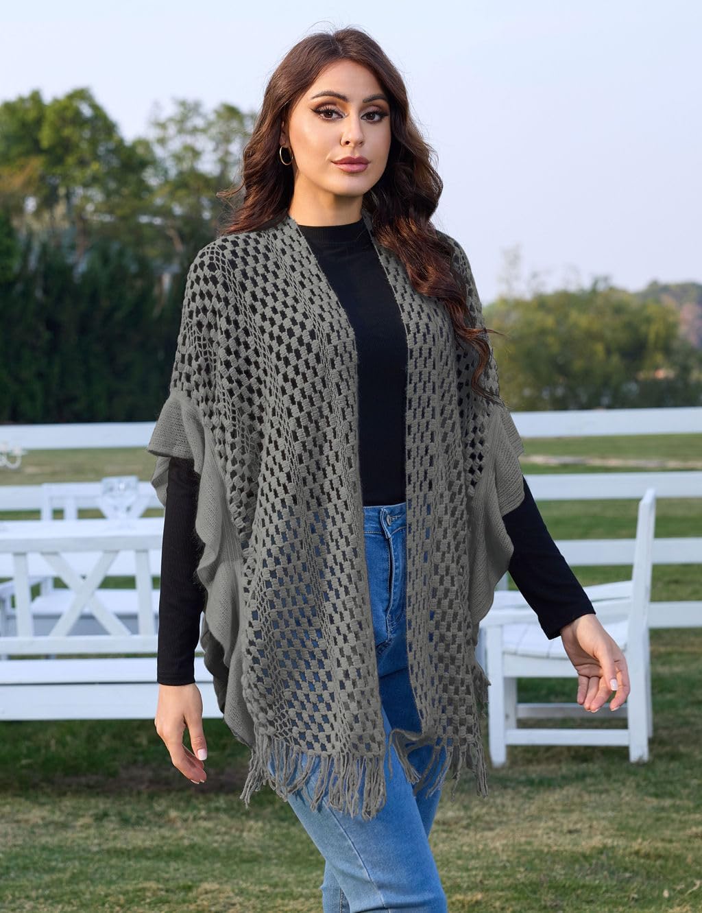 Ferand Women's Lightweight Ruffle Shawl Wraps Open Front Crochet Fringe Poncho Cardigan for Spring and Summer - Image 3