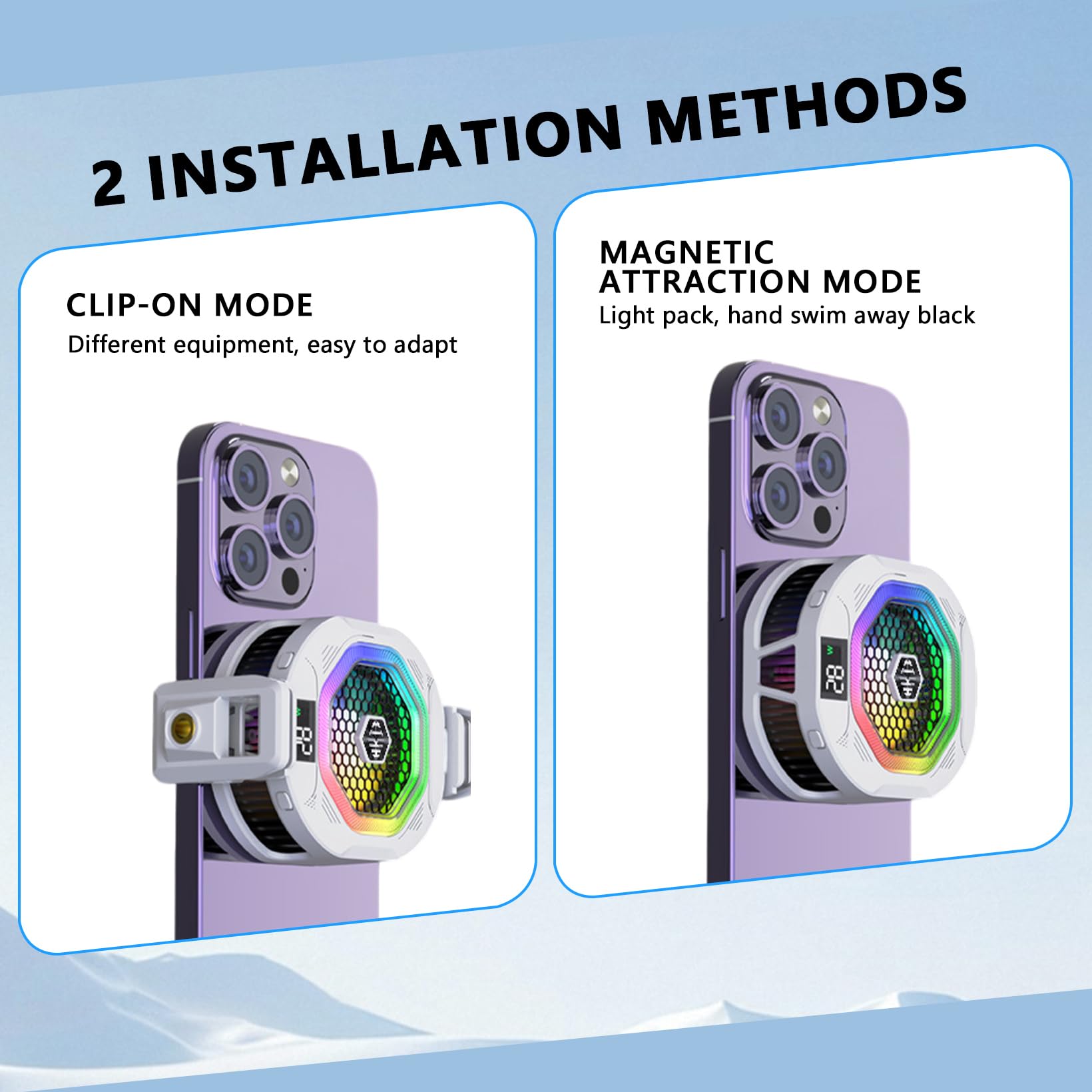 Refroidisseur magnétique pour téléphone portable, semi-conducteur avec RVB, affichage numérique de la température et de la puissance électrique - 4 niveaux réglables, refroidisseur portable pour les