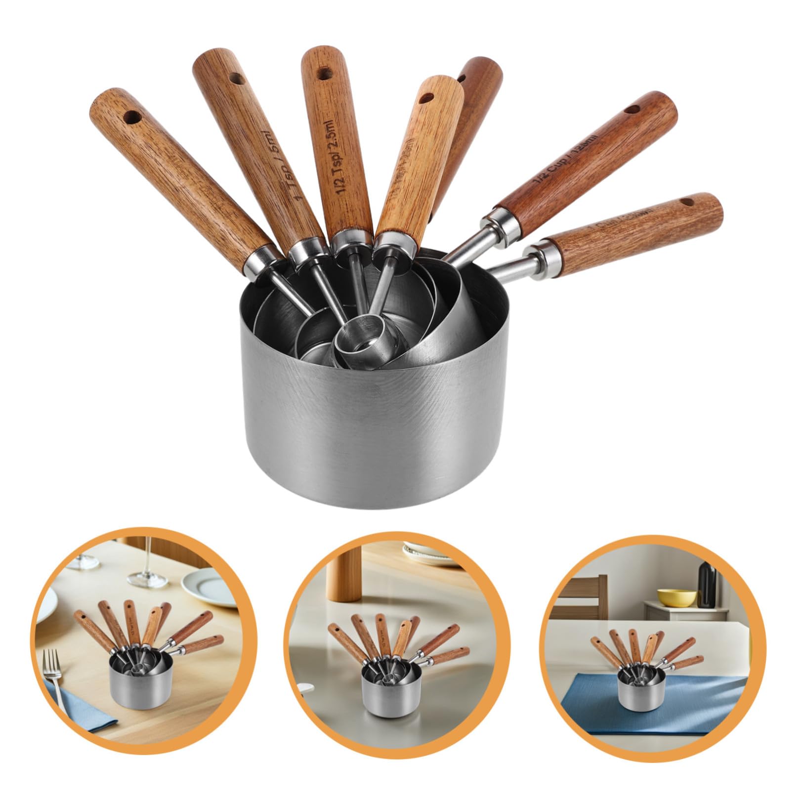 Cuillères et Tasses à Mesurer Poignée en Bois Set de 8 en Acier Inoxydable et Entretien Facile Mesures Précises Pâtisserie Professionnelle