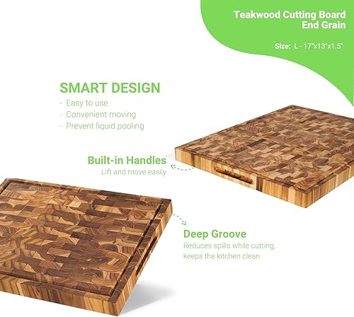 Miniatura 3 de GREENIDEA Tabla de cortar de madera de teca, estilo bloque de carnicero con ranura para jugo y asa, apta para cuchillos, reversible (grano final de
