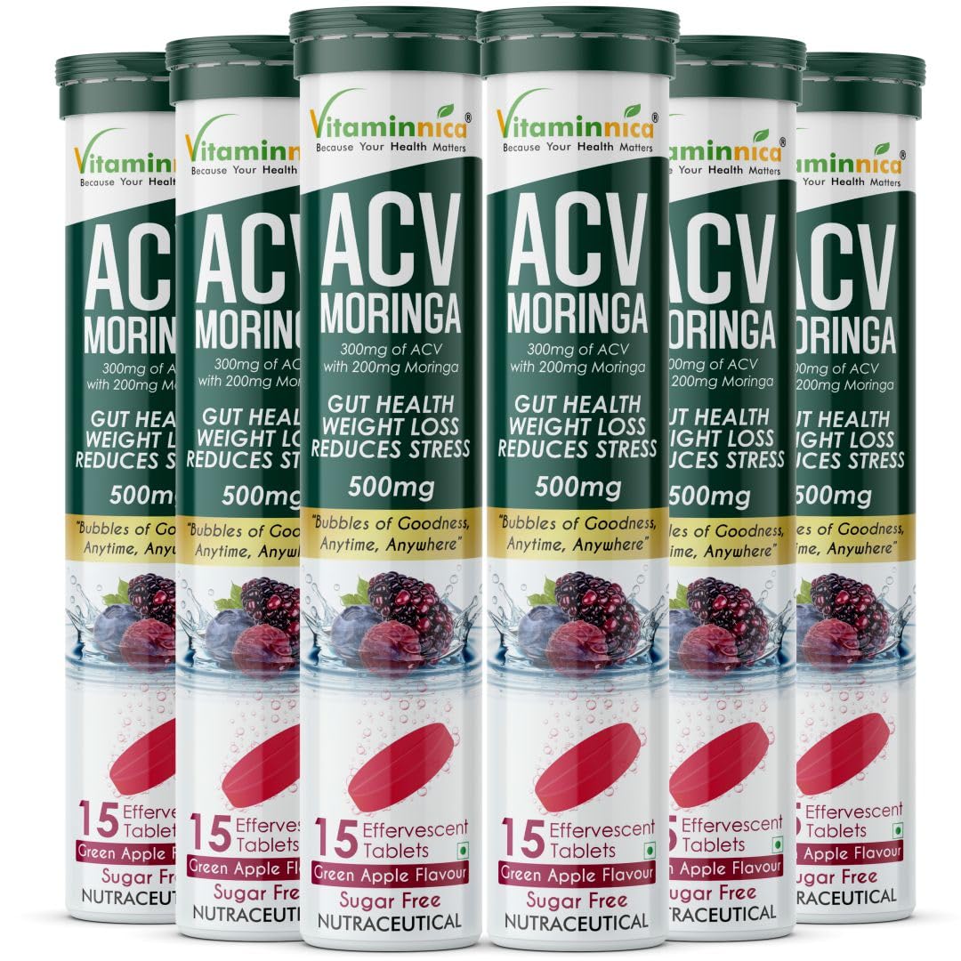 Vitaminnica ACV Moringa Effervescent Tablets To Control Cravings | Reduces Stress, Gut Health, Weight Loss | Sugar Free | 15 Tablets Each (Pack of 6, Mixberries)-image-12