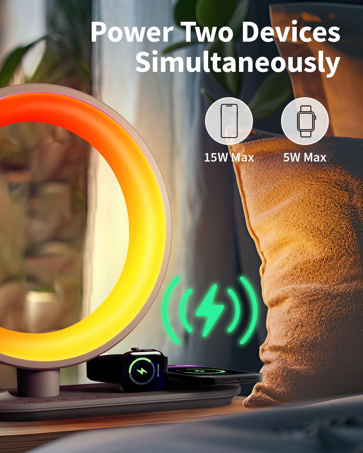 4 in 1 Bluetooth Speaker Night Light with Wireless Charger, Atmosphere Lamp with 24 Soothing Sounds, 16M+ Colors & App Control, Smart Light Sound Machine for Bedroom Home Decor (Grey)
