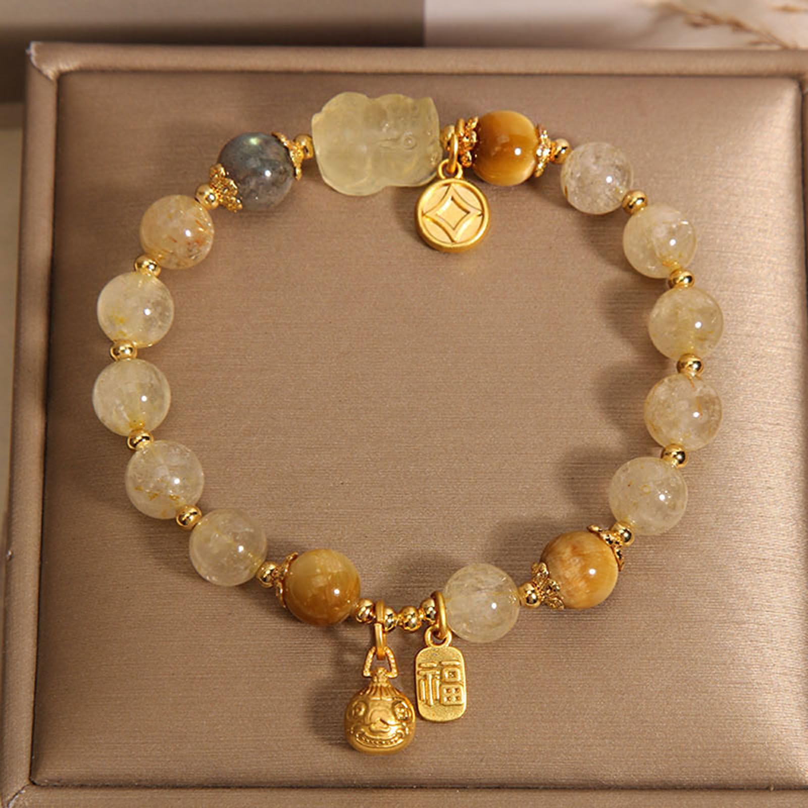 Bracciale in Vera Pietra di Luna di Quarzo rutilato Dorato – Bracciale con Perline di Pietre preziose curative di Cristallo Gioielli spirituali Fatti a Mano per Uomini e Donne