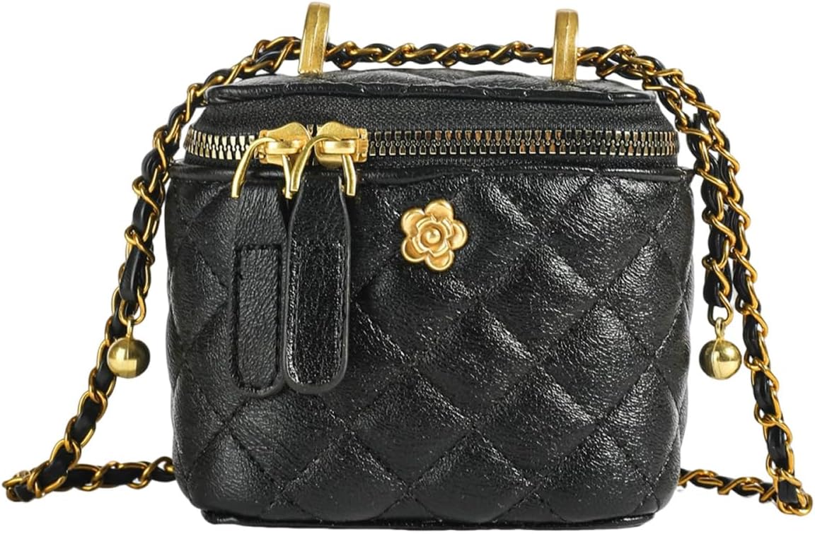 Mini Quilted Leather Crossbody Bag with Chain Strap Women's Top Handle Bucket Square Box Bag for Women