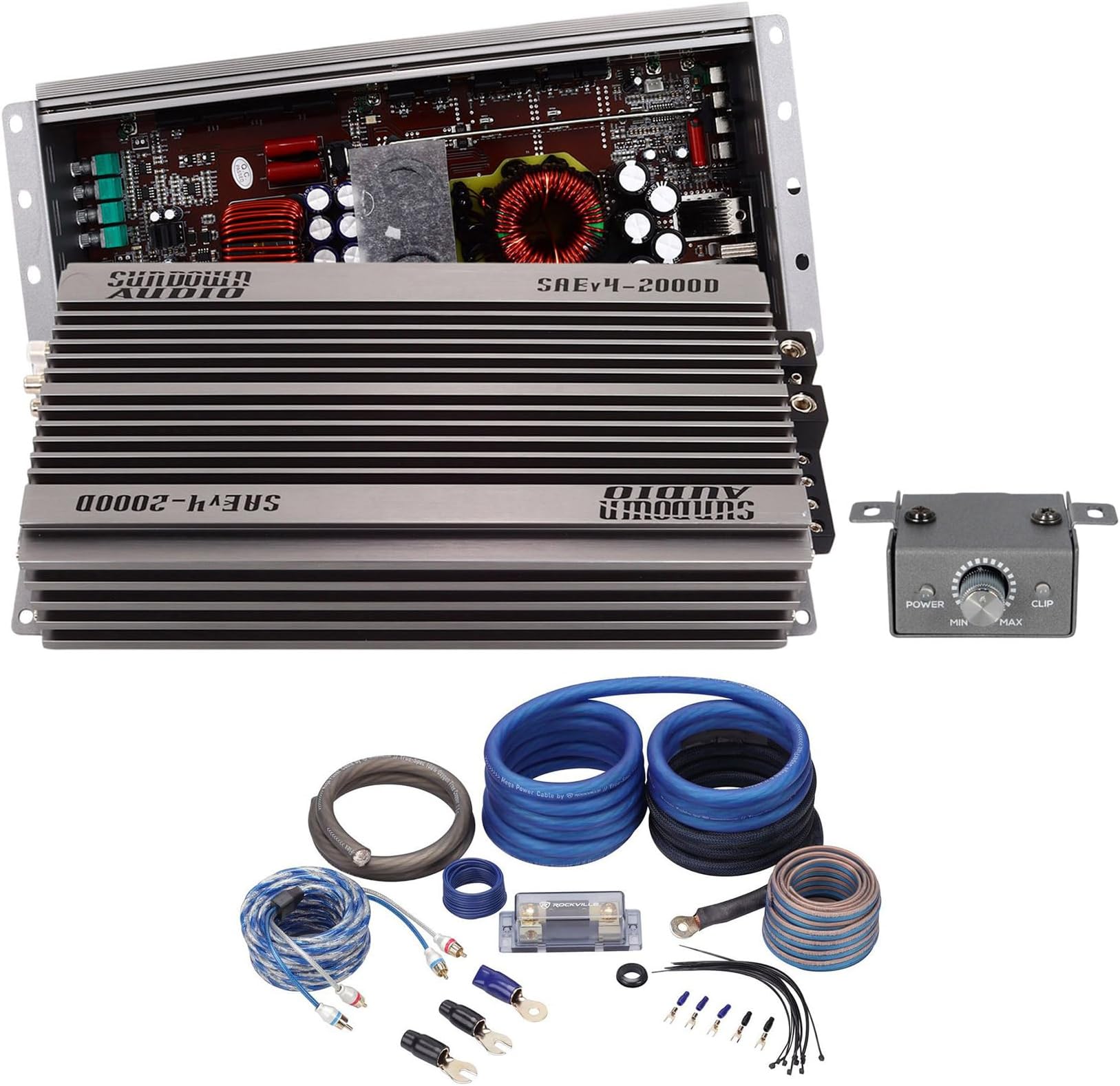 Sundown Audio SAEv4-2000D Bundle: 2000-Watt RMS 1-Ohm Class D Mono Amplifier, RWK0CU 0 AWG 100% Copper Complete Amp Installation Wire Kit OFC, 2-Items