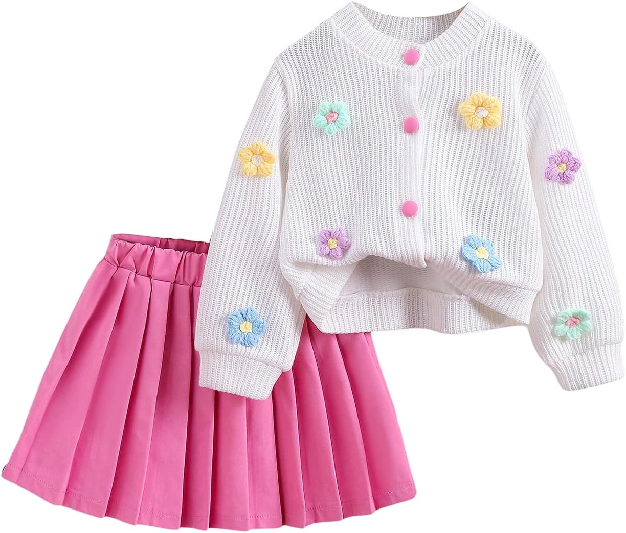 WDIRARA Toddler Girl's 2 Piece Outfits 3D Flower Button Down Cardigan and Pleated Aline Skirts Set - Image 6