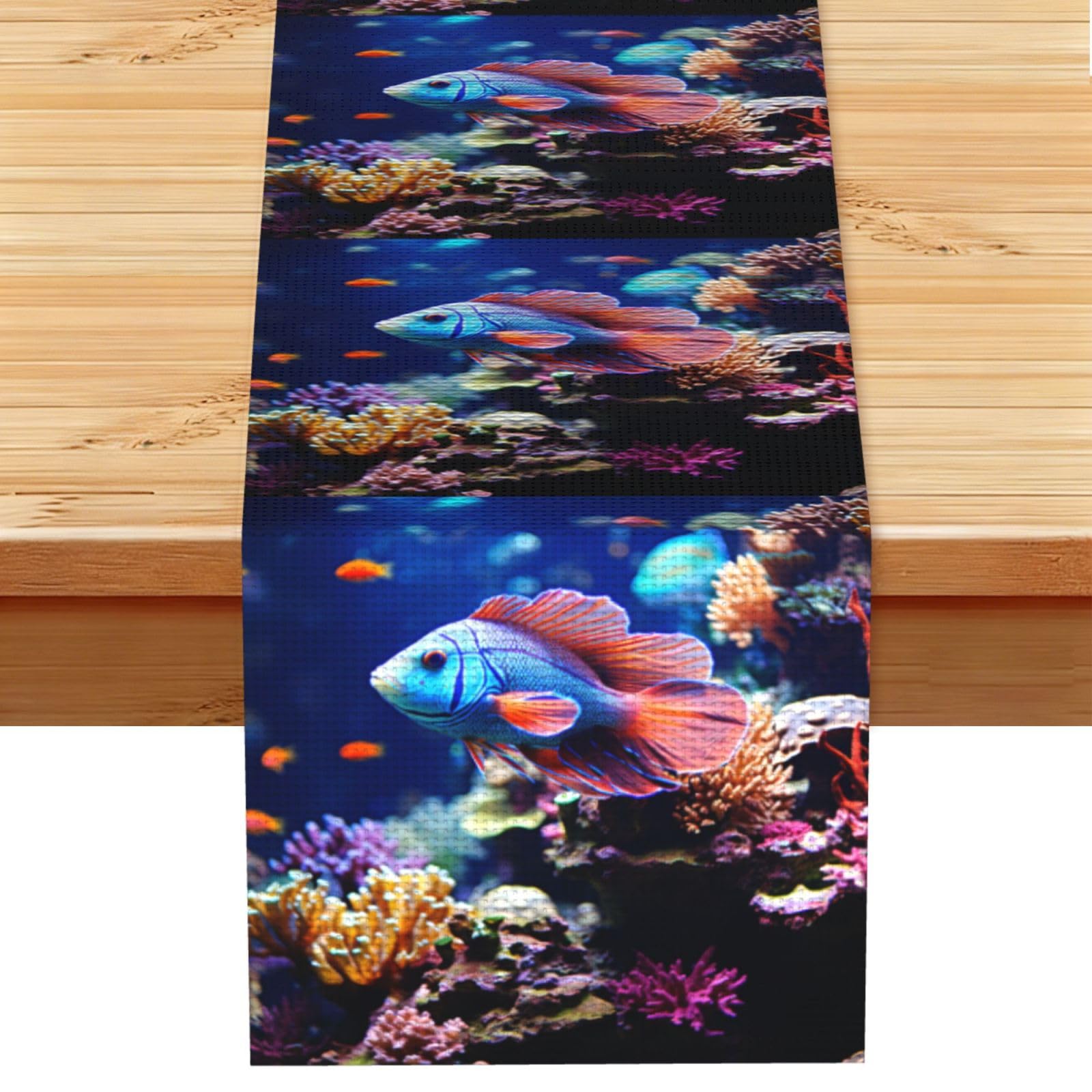 Coral Reef Fish Aquarium Table Runner 13 x 72 Inches Long, Cotton Linen Table Runners for Kitchen Dining Table Decoration - Washable Tablecloth Modern Tablerunner for Home Party Decor