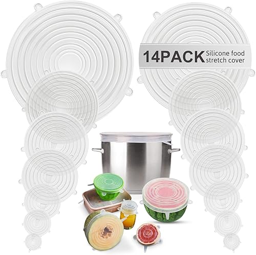 Paquete de 14 tapas elásticas de silicona, 8 tamaños diferentes a prueba de fugas, reutilizables, tapas elásticas que incluyen un diámetro XXXL de