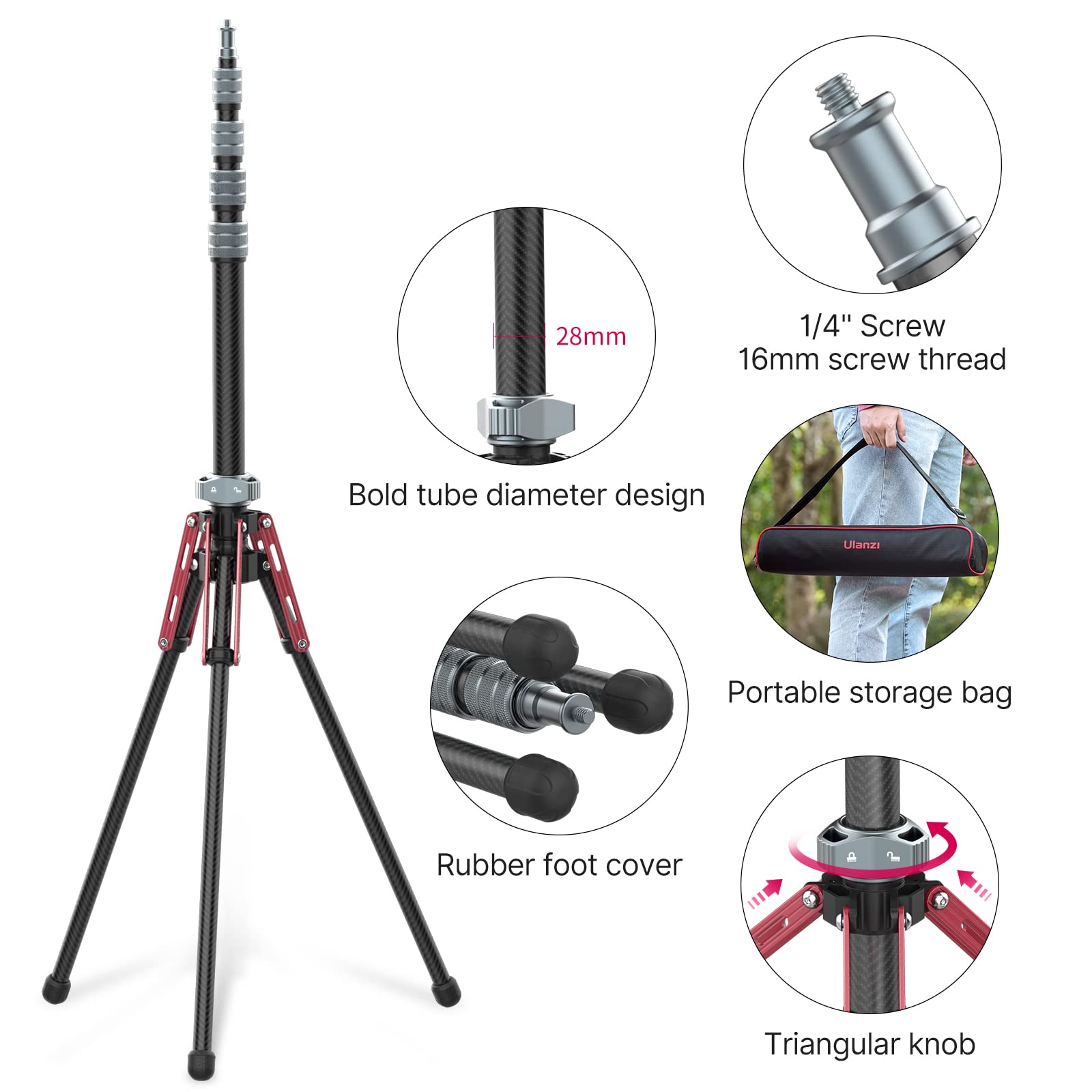 Treppiede per Lampade, ULANZI MT-49 Treppiede per Luci in Fibra di Carbonio, Stativo per Luci da 194 cm/76,4 Pollici per Kit da Studio, Softbox, Riflettore, Luce Anulare e Luce COB
