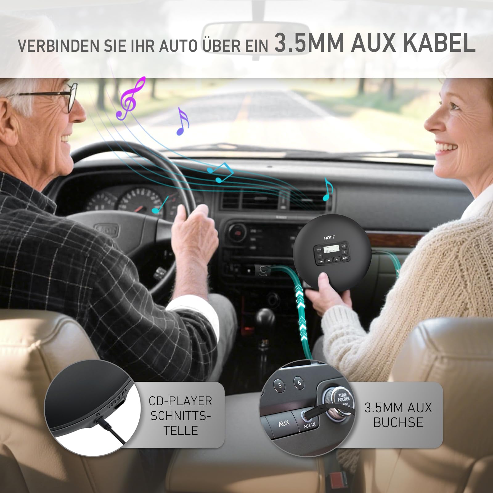 HOTT Tragbarer CD Player mit Tastensperre, dualer USB-C & Batteriestromversorgung sowie ASP-Anti-Shock, ausgestattet mit 3,5-mm-AUX-Ausgang – perfekt für Musik, Lernen und Geschenke (Schwarz)