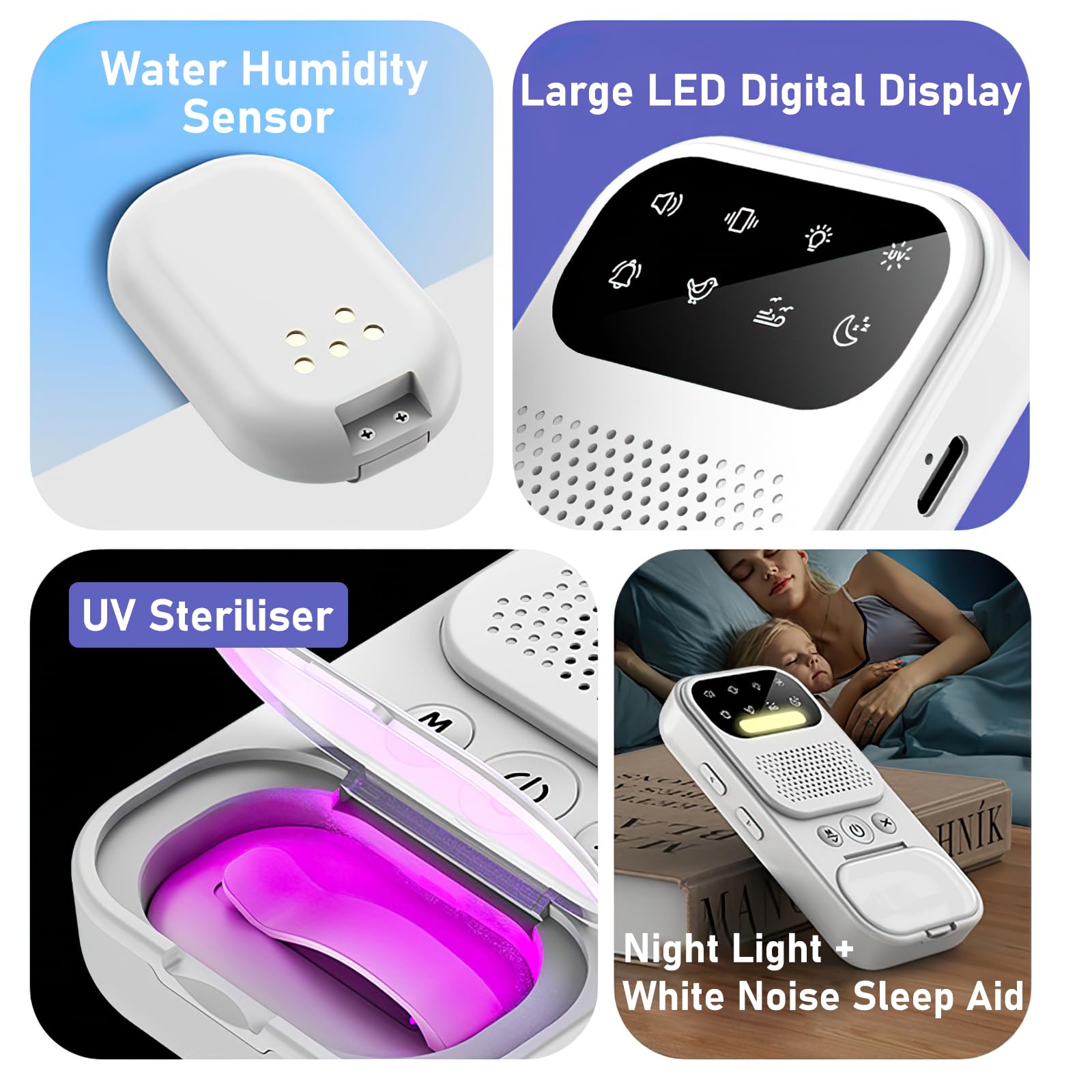 Alarma Inalámbrica para Mojar la Cama Niños, Alarma Inalámbrica para Mojar la Cama con Luz Nocturna/Ruido Blanco, Alarma de Orina para Niños Recargable por USB, 3 Modos de Funcionamiento