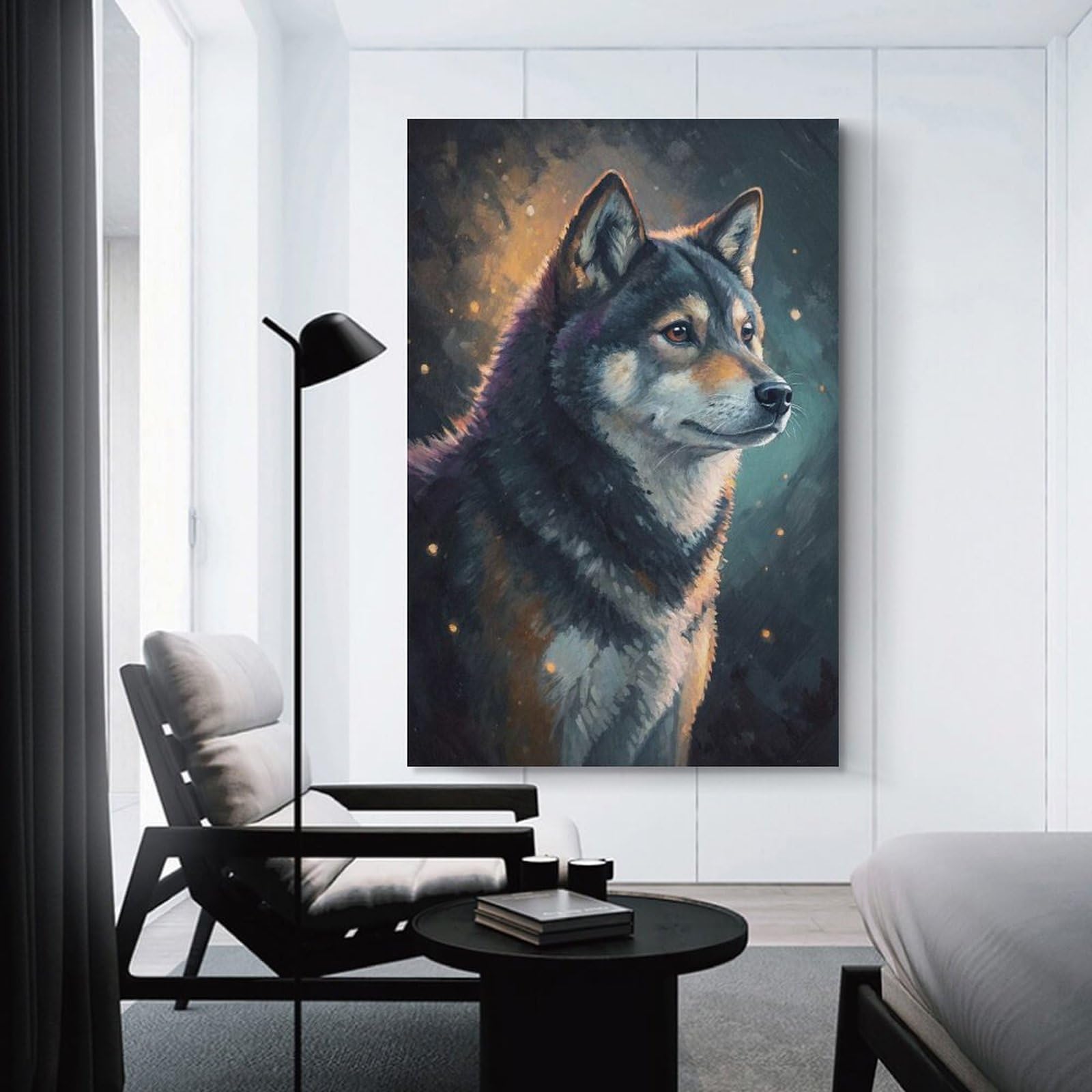 Junmoney Unframe-Style-12 Wolf Portrait With Golden Light Decorative Wall Artwork, 24X36inch(60X90cm), For Home Lounge, Bedroom Or Reading Nook, Easy Decor For Gallery Walls