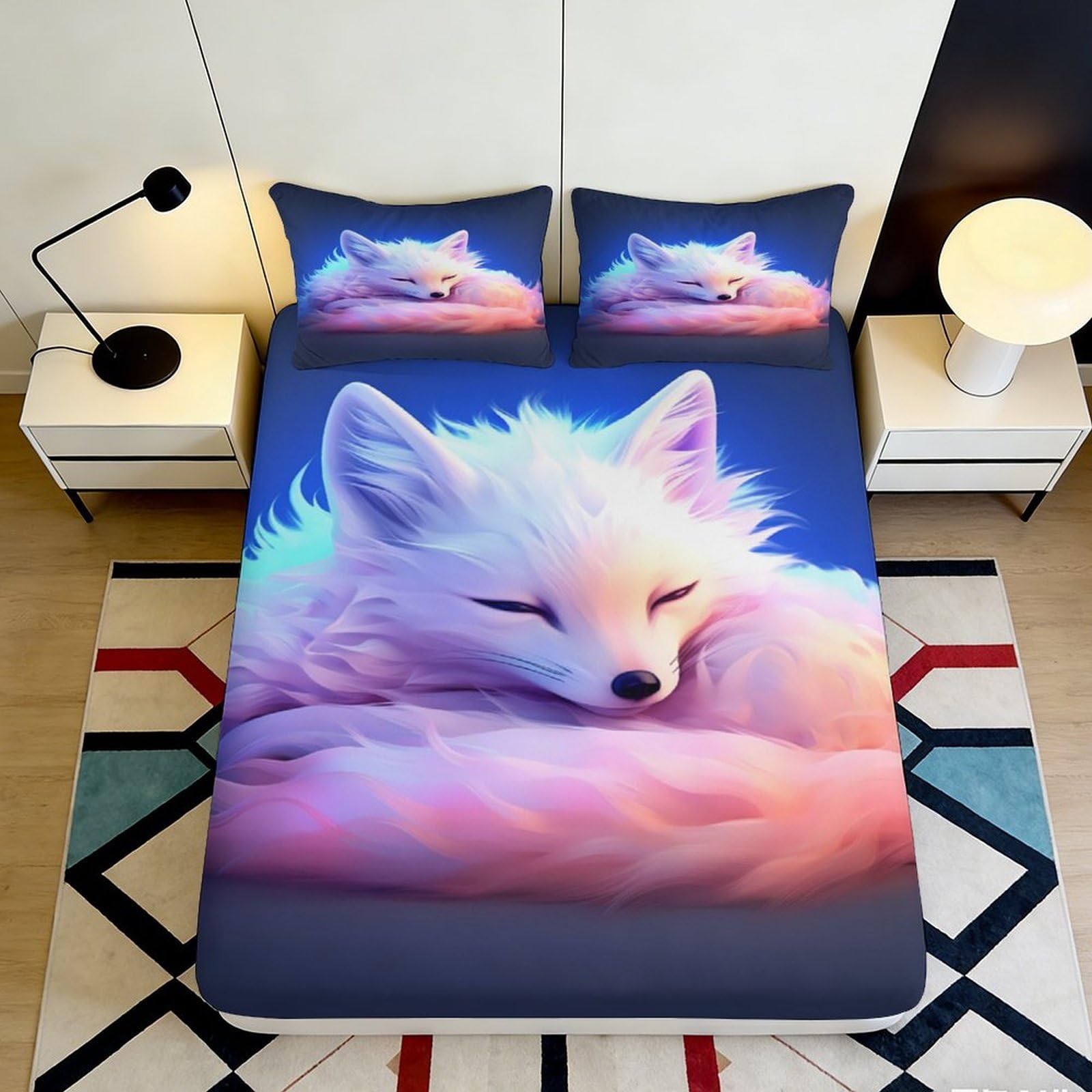 Jqzkxnhpbr Style-3 3D Printed White Fox Fitted Sheet Microfiber Soft Breathable Dreamy Night Bed Cover For Bedroom Dorm Mattress Decor 90X200x25cm