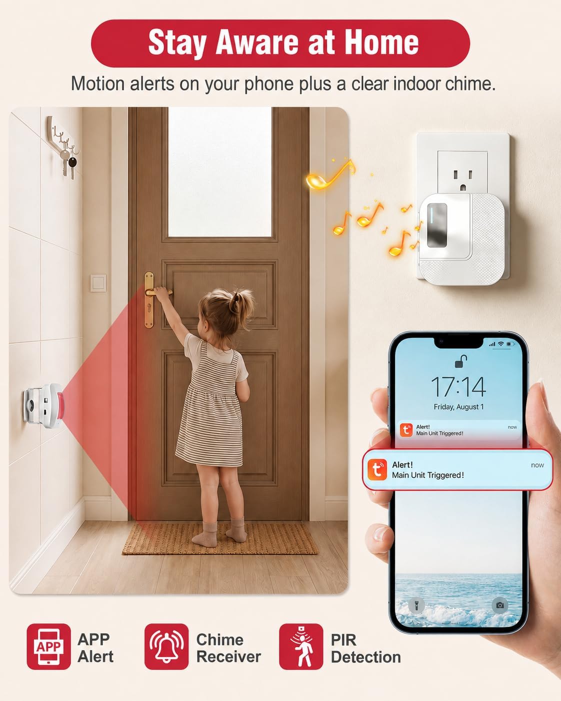 CallToU Wi-Fi Motion Sensor Door Chime, Smart Door Entry Alert with App Notifications, Instant Phone Alerts, Indoor Motion Detector for Home Business Store, Caregiver Reminder for Elderly Dementia
