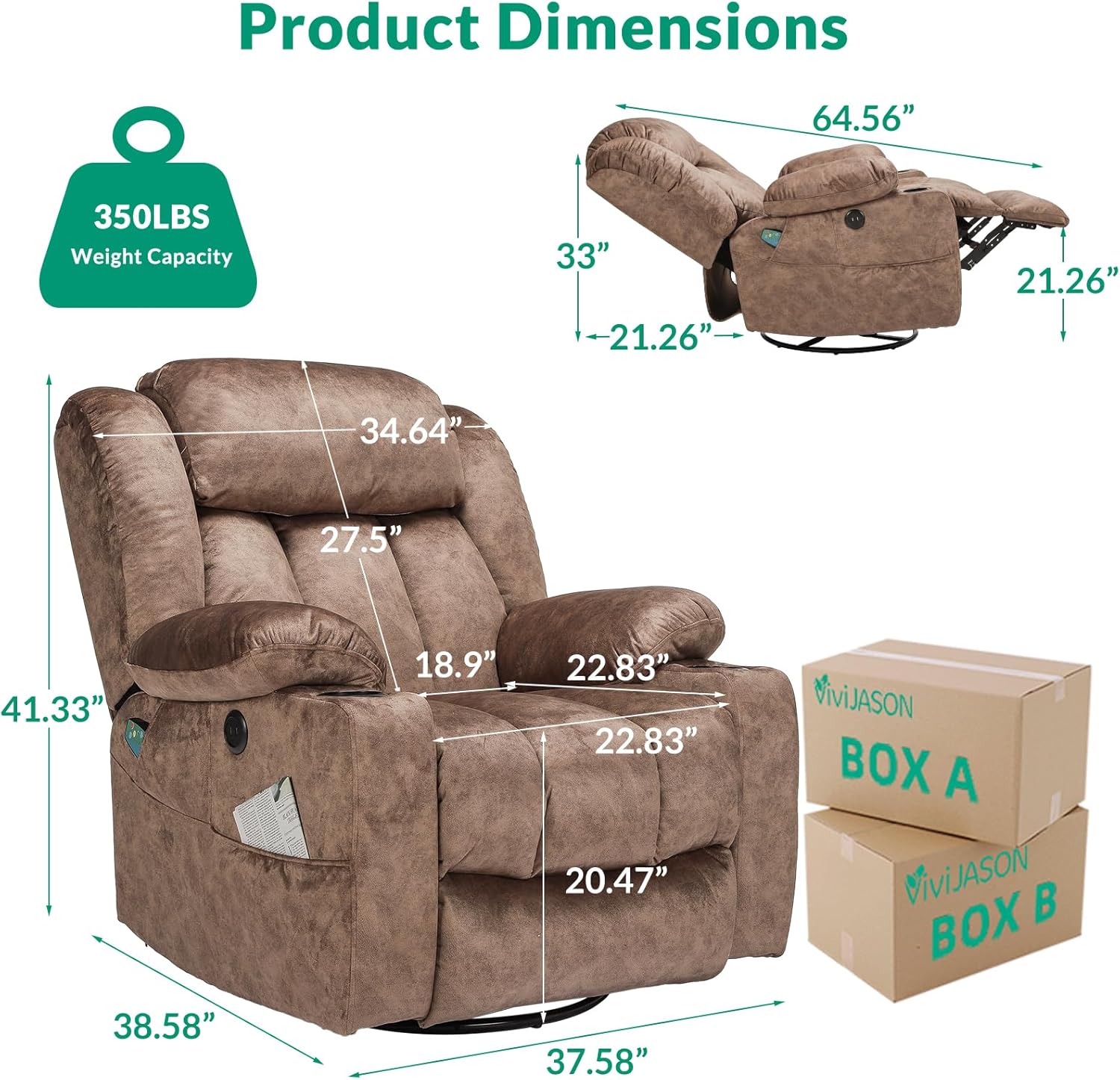 VIVIJASON Manual Swivel Rocking Glider Recliner Chair with Heat & Vibration Massage, 360° Swivel Overstuffed Reclining Chair with 2 Cup Holders, Side Pockets & USB Ports for Living Room, Plush Brown