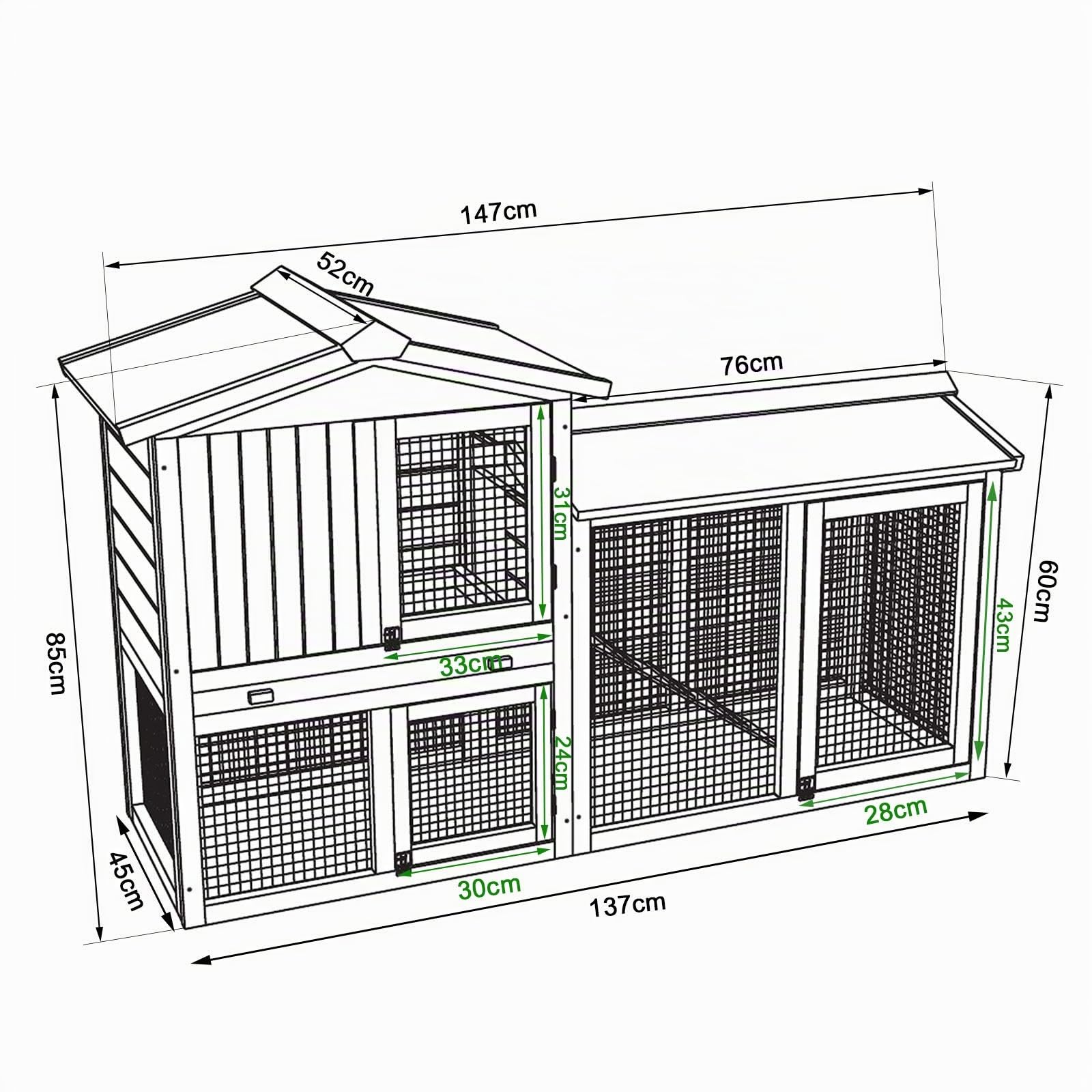 lionto Conejera de Madera caseta Exterior para Mascotas pequeñas cobertizo 147x52x85 cm