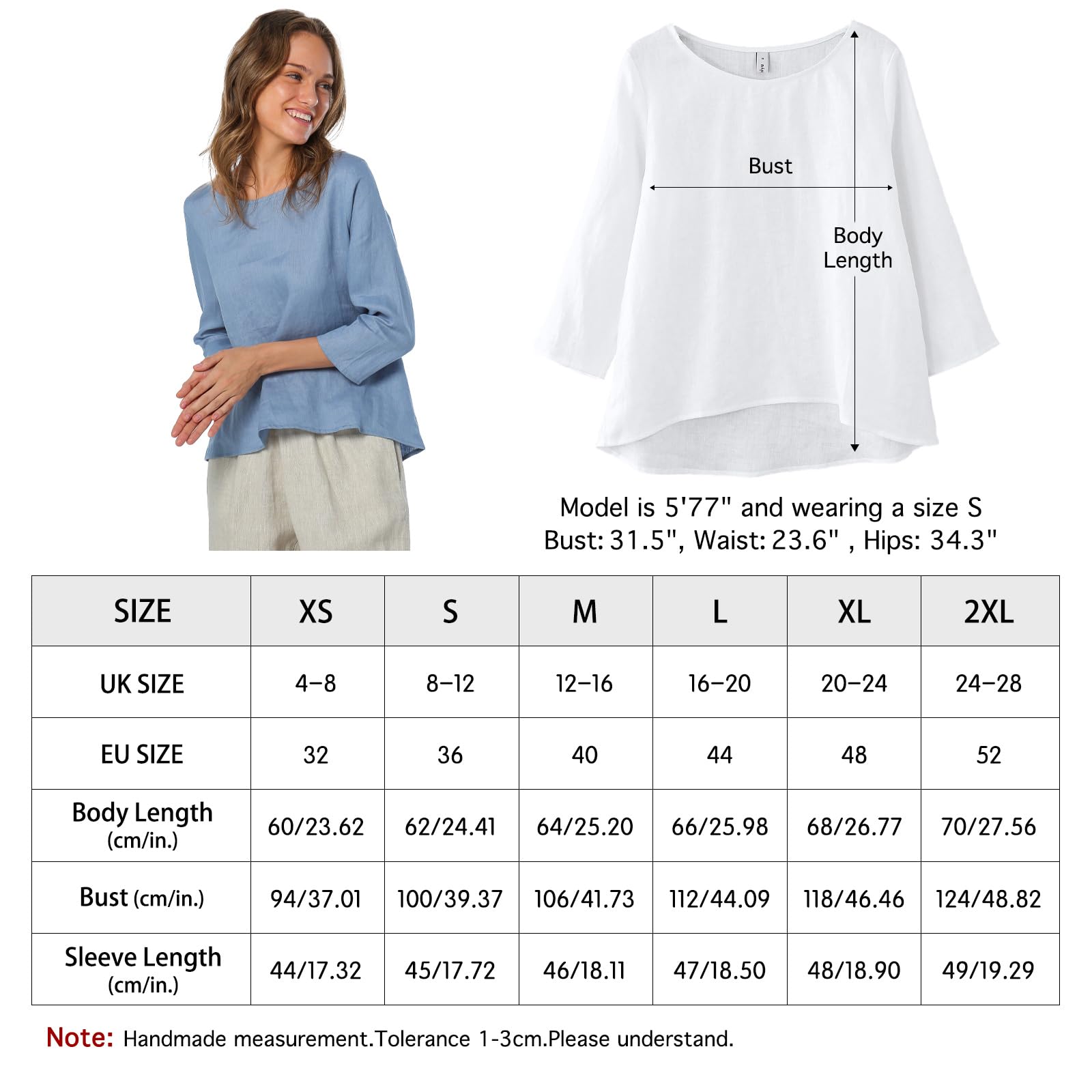 Blusa de lino de manga 3/4 para mujer, cuello redondo, estilo casual, holgada