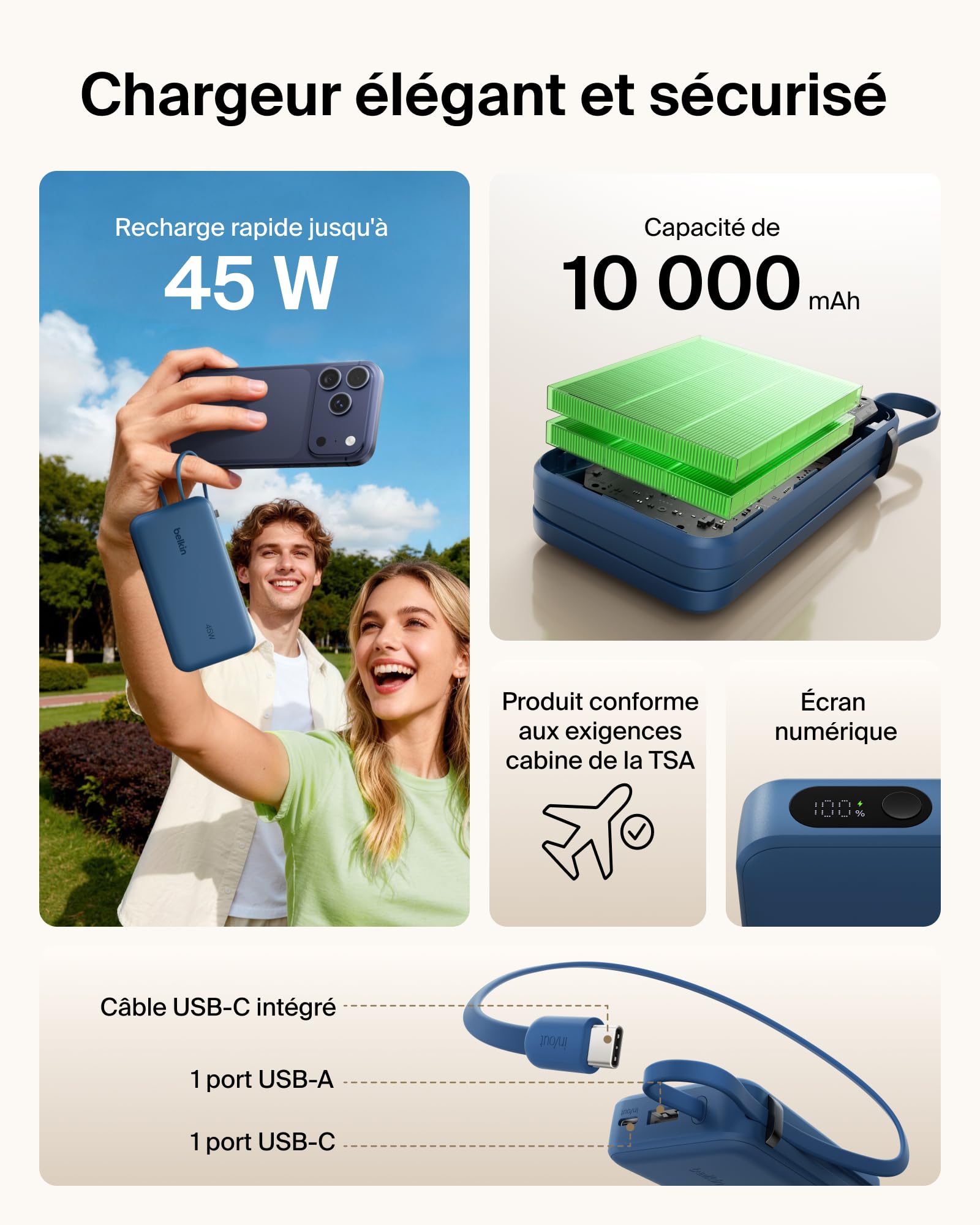 Belkin UltraCharge Batterie Externe 10K avec Câble USB-C Et Écran - Bleu