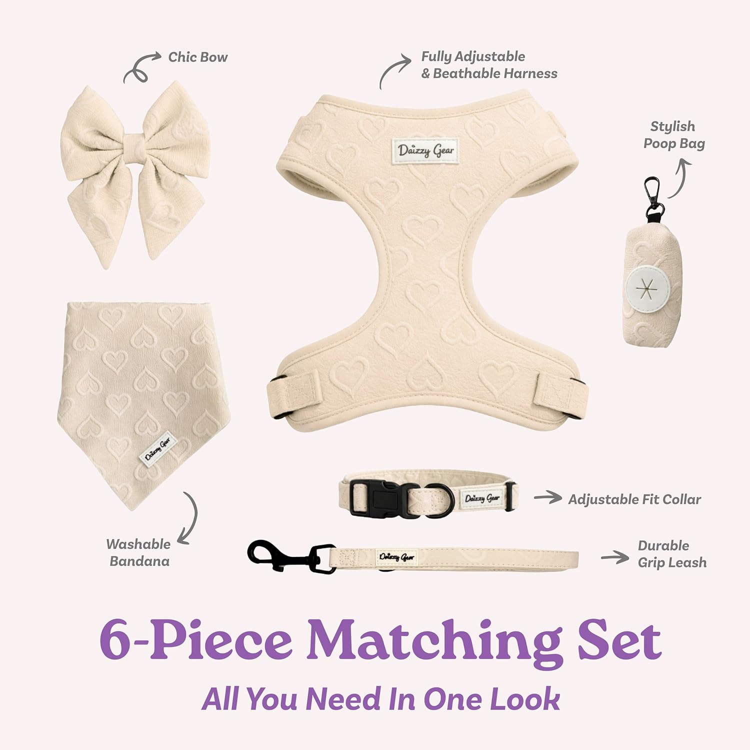 Medium Dog Harness Set – Cute No Pull, All Weather, Breathable Harness and Leash Set with Collar, Bandana, Sailor Bow & Poop Bag Holder – Adjustable, Soft & Stylish - Cream Hearts on Jacquard Fabric