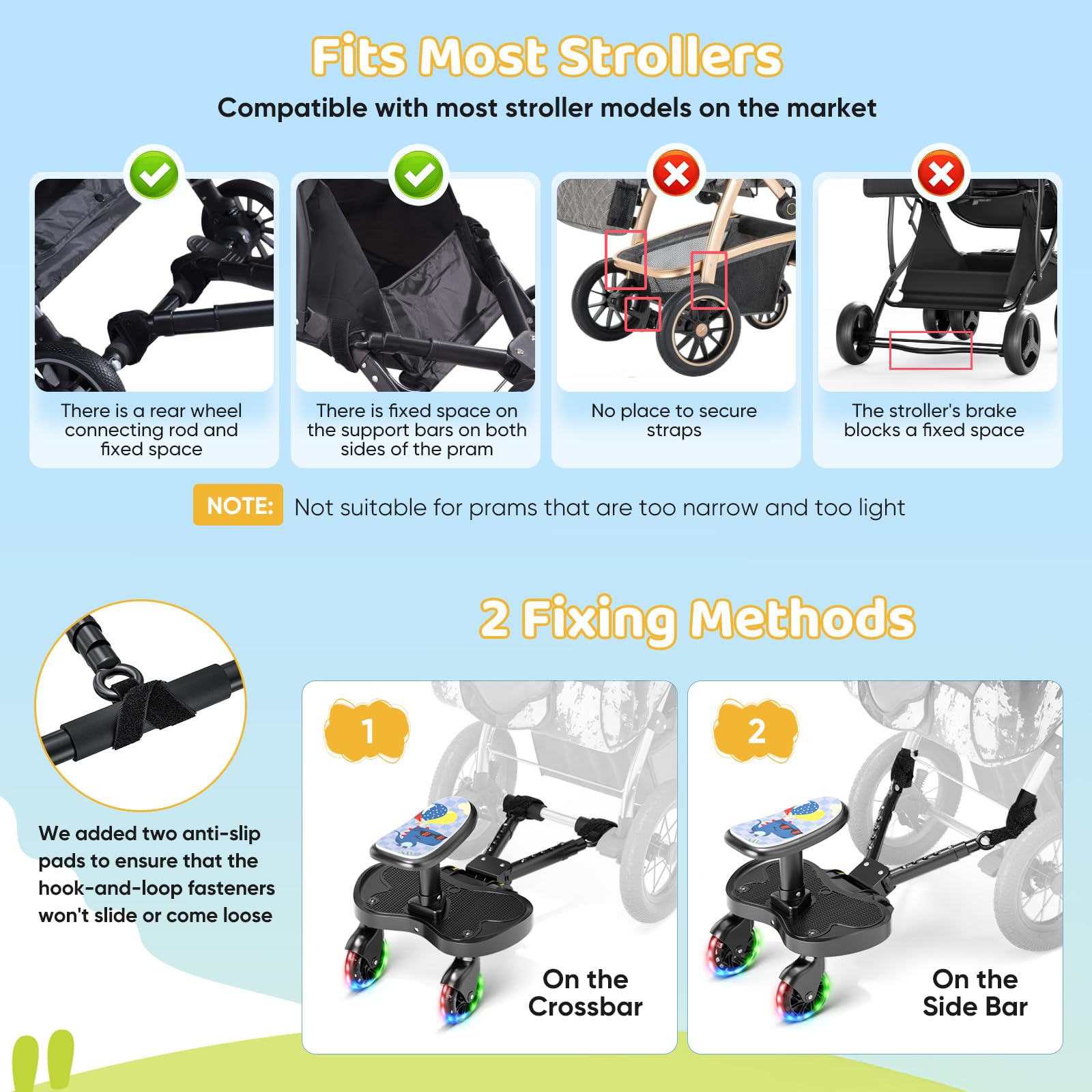 Passeggino con ruote a LED, pedana per passeggino, per bambini da 2 a 6 anni (25 kg), compatibile con il 99% di tutti i passeggini