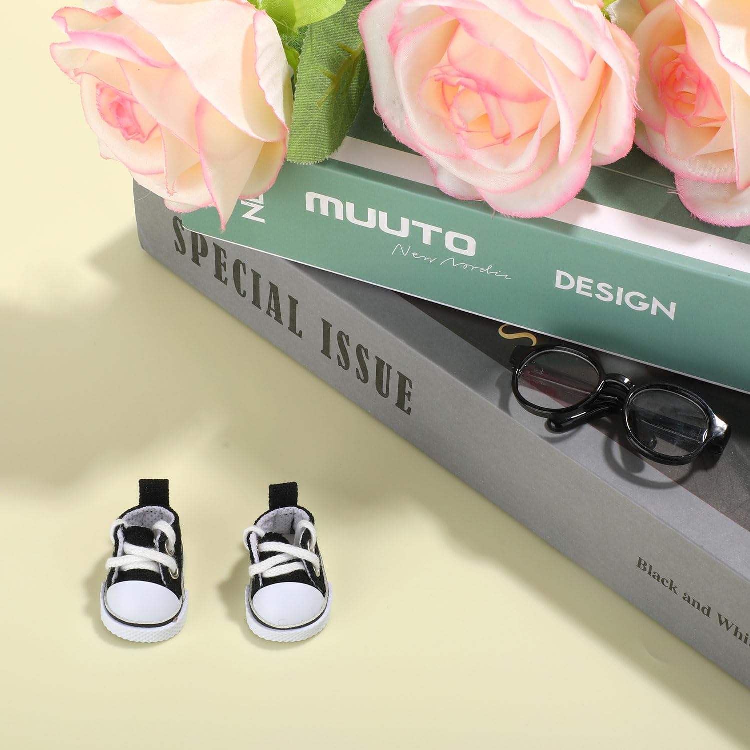 Mikovivi 2pcs 17cm Doll Shoes & Glasses, Fashion Mini Lace-Up Canvas Casual Sneakers & Eyeglasses Cute Doll Outfit Accessories (Black) - Image 4