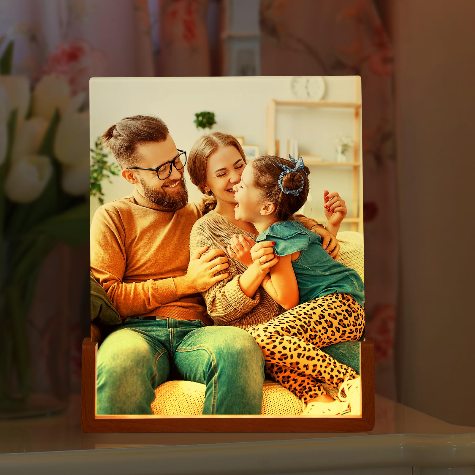 PYD Life4 Pack Sublimation Night Lights Blanks LED Glass Photo Frames Panels White 8" x 10" with Warm Light,with Wood Stand for Heat Press Machine Printing