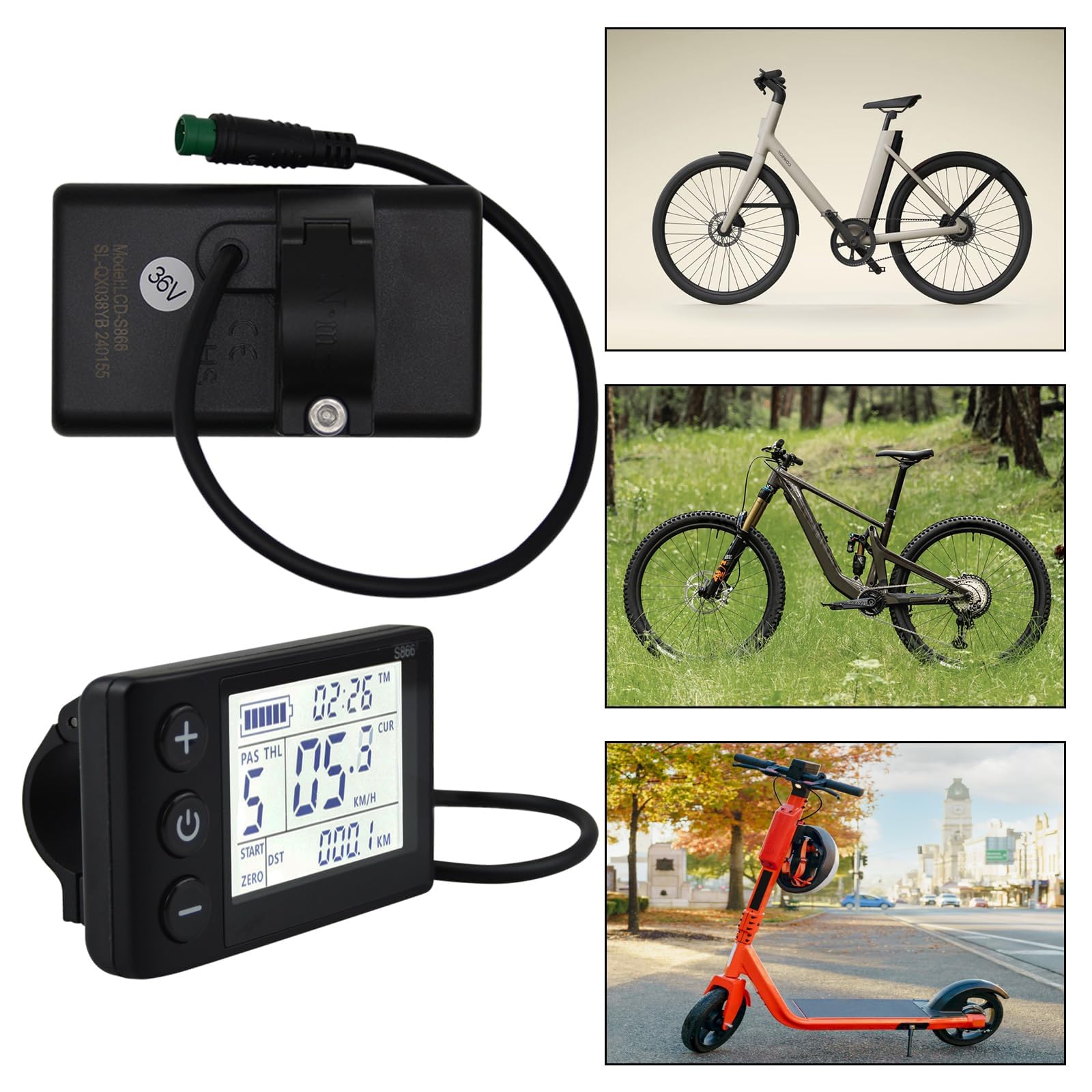 Pantalla LCD para Bicicleta eléctrica S866, medidor de Pantalla para Bicicleta eléctrica E de 5 Pines y Conector Impermeable, 24 V 36 V 48 V Panel de Control de velocímetro y odómetro para Scooter