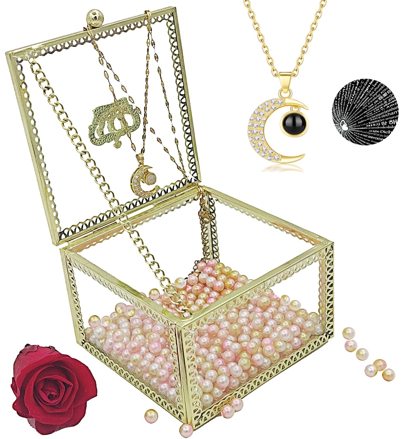 Moonmen Glass Jewelry Box, Box for Makeup,Storage Box,Bracelet Display Transparent Box, Handmade DIY Artificial Flower, Preserved Rose Wedding Glass Card Box (Small Square 1)