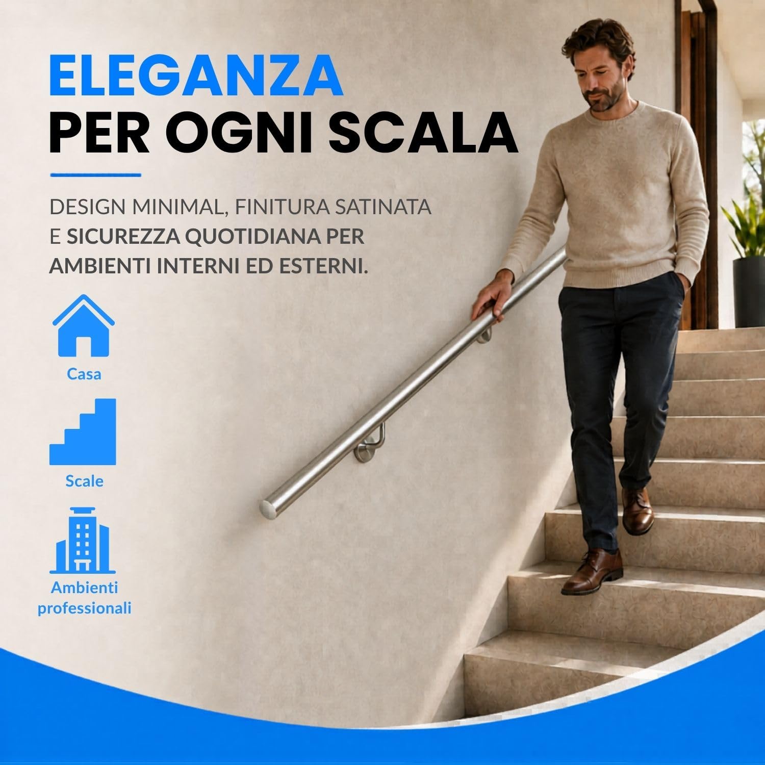 INOXLM Corrimano per scale in acciaio inox AISI 304 ⌀ 33,7 mm, rampa scala finitura satinata Made in Italy, guardia corpo scala per interni ed esterni (170 cm)