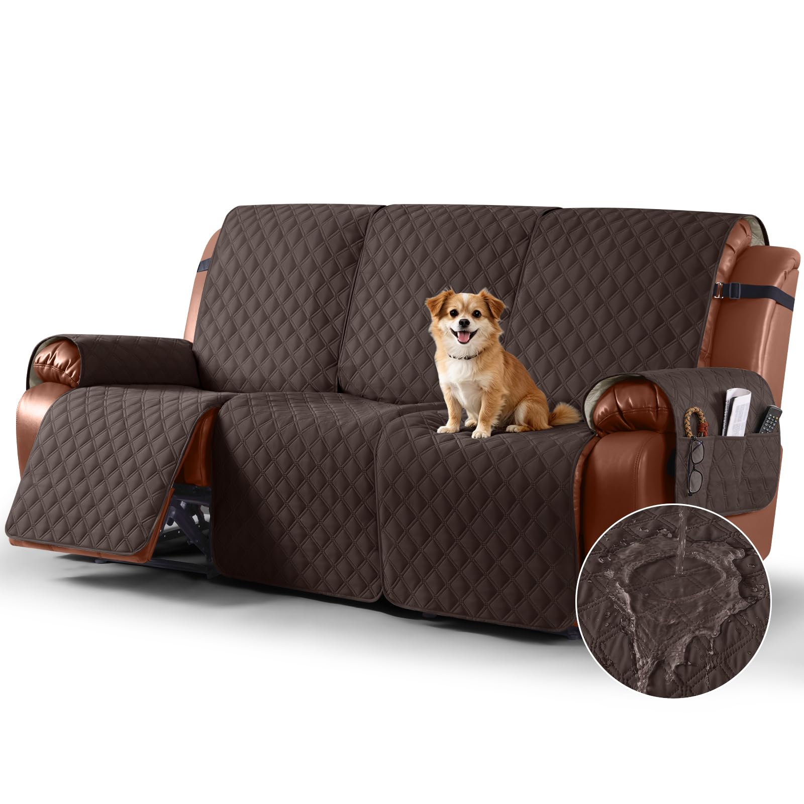 Photo 1 of Ruaozz Waterproof Recliner Sofa Covers, Couch Covers for Reclining Couches 1-Piece Reclining Couch Cover Washable Furniture Protector with Elastic Straps Pocket for Kids Pets (Chocolate, 3 Seater)