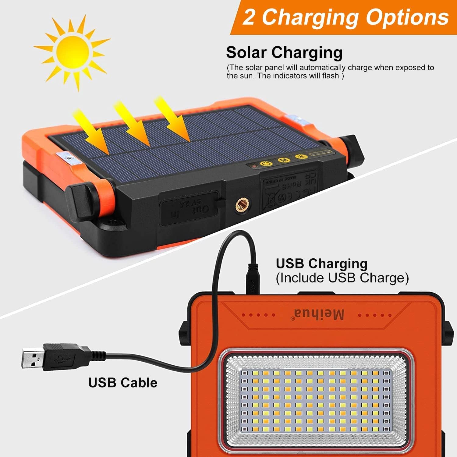 MEIHUA Lampa robocza LED, 60 W, 10 000 mAh, reflektor budowlany LED, akumulator, wodoszczelna, przenośna, ładowana, 4 tryby świecenia, USB lub ładowanie solarne, lampa na plac budowy, warsztat,