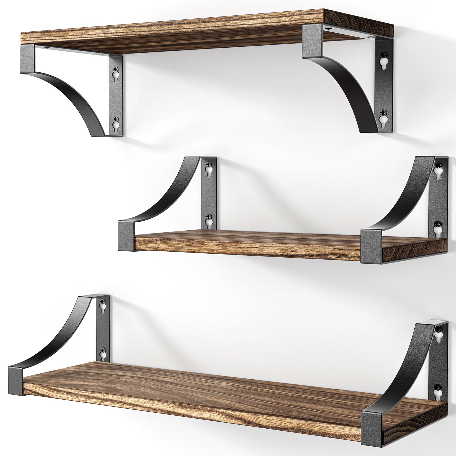 Pipishell Floating Shelves Wall Mounted Shelf, Paulownia Wood Wall Shelves, Wooden Shelves Set of 3 for Bedroom, Bathroom, Living Room, Kitchen, Home Office, Laundry room,etc (Rustic Brown)