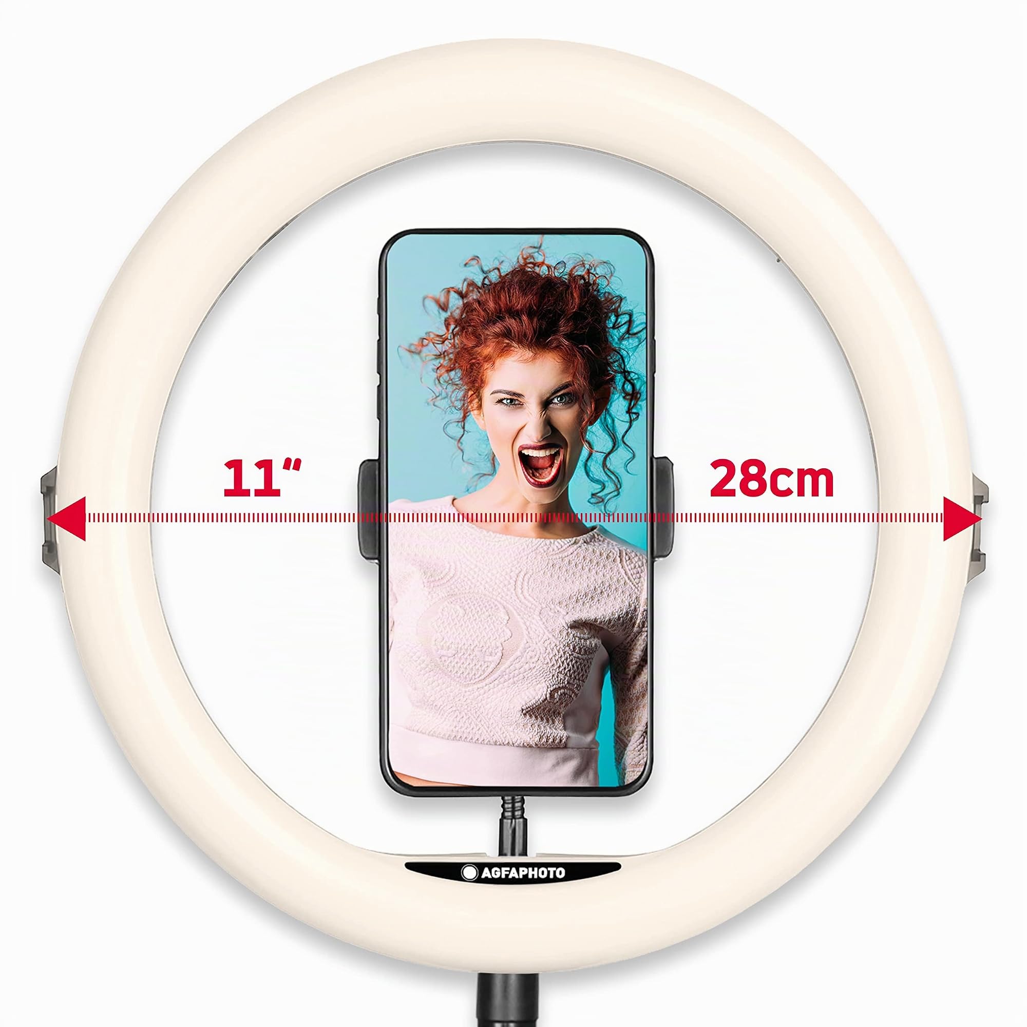 AgfaPhoto Ring Light Realiview ARL11XL - 11" LED luz con trípode Ajustable - Anillo luz anular de Brillo Ajustable para Maquillaje, Youtube, TikTok, fotografía, Compatible con Smartphones y cámaras