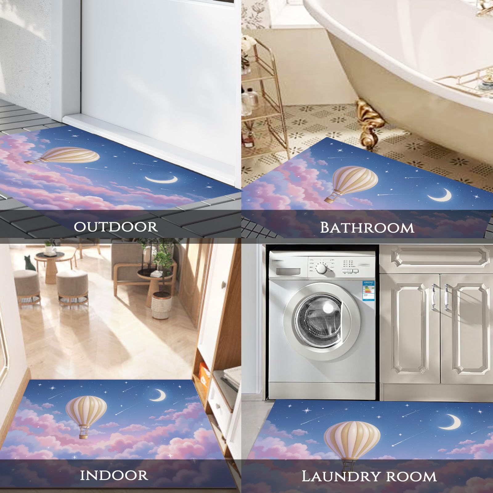 Felpudo Entrada Casa, 80x120cm Alfombra de Puerta Lindo Globo Aerostático Tapetes de Interior Cielo De Dibujos Animados Antideslizante para Decorativo Dormitorios y Zonas Entrada Cuartos, Azul