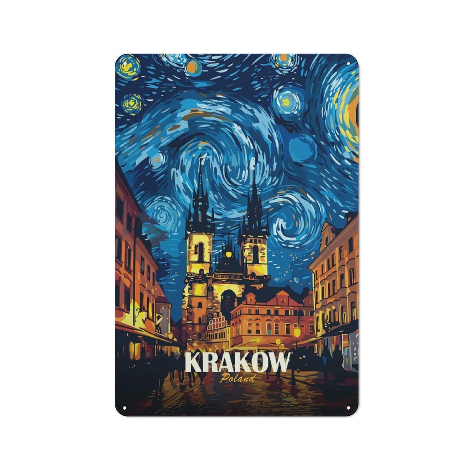 Junmoney Style-19 Krakow Poland Night Cityscape Art Printed Metal Sign 30X20cm For Man Cave Or Games Room, Suited To Games Room Collectors