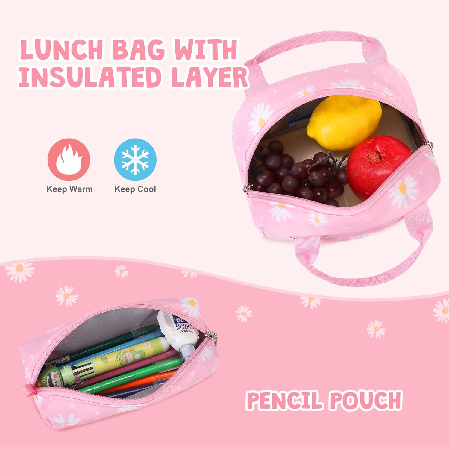 Backpack for Girls - Girls Backpack with Lunch Bag & Pencil Pouch for Teen Kids Laptop Backpack for Women, Elementary Middle High School Bookbag Travel Daypack (Pink Daisy) - Image 5