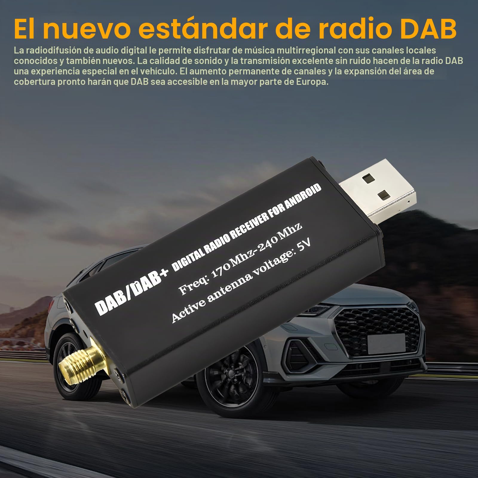 Inefala Dab/Dab+ Adaptador Receptor para Radio de Coche Android, Digital Portátil Dab Digital Receptor con Antena+SMA Juego de Antena de Cristal Dab+ USB 2.0 Dongle