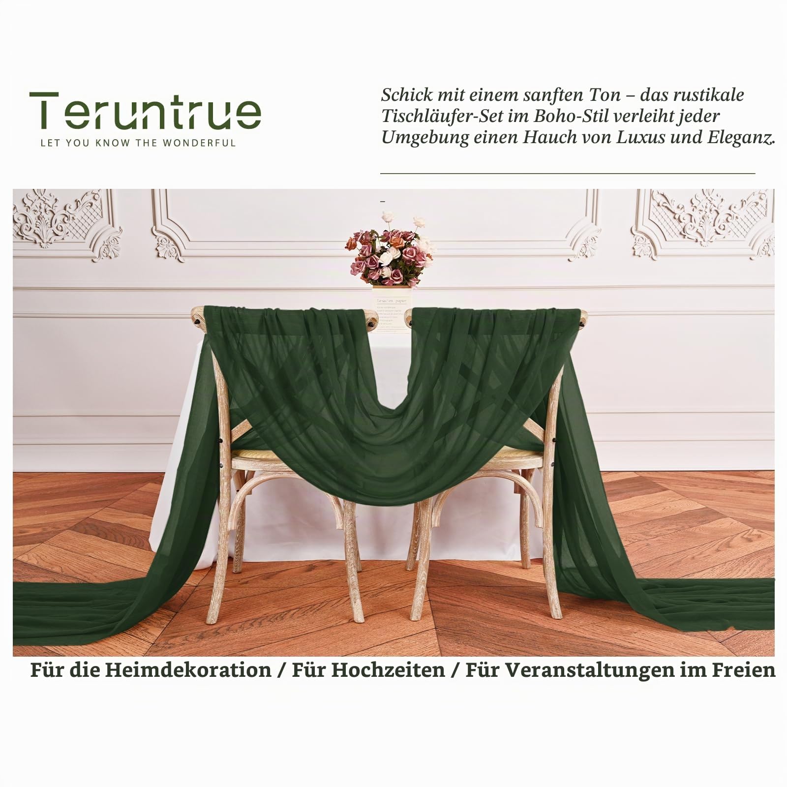 Teruntrue 12 Stück Tischläufer Jägergrün 55x300 cm Neuer Natürlicher Weichlook Bohemian-Gaze-Käsetuch-Tischläufer für Hochzeit, Party, Babyfeier, Brautshower, Geburtstag-Dekorationen