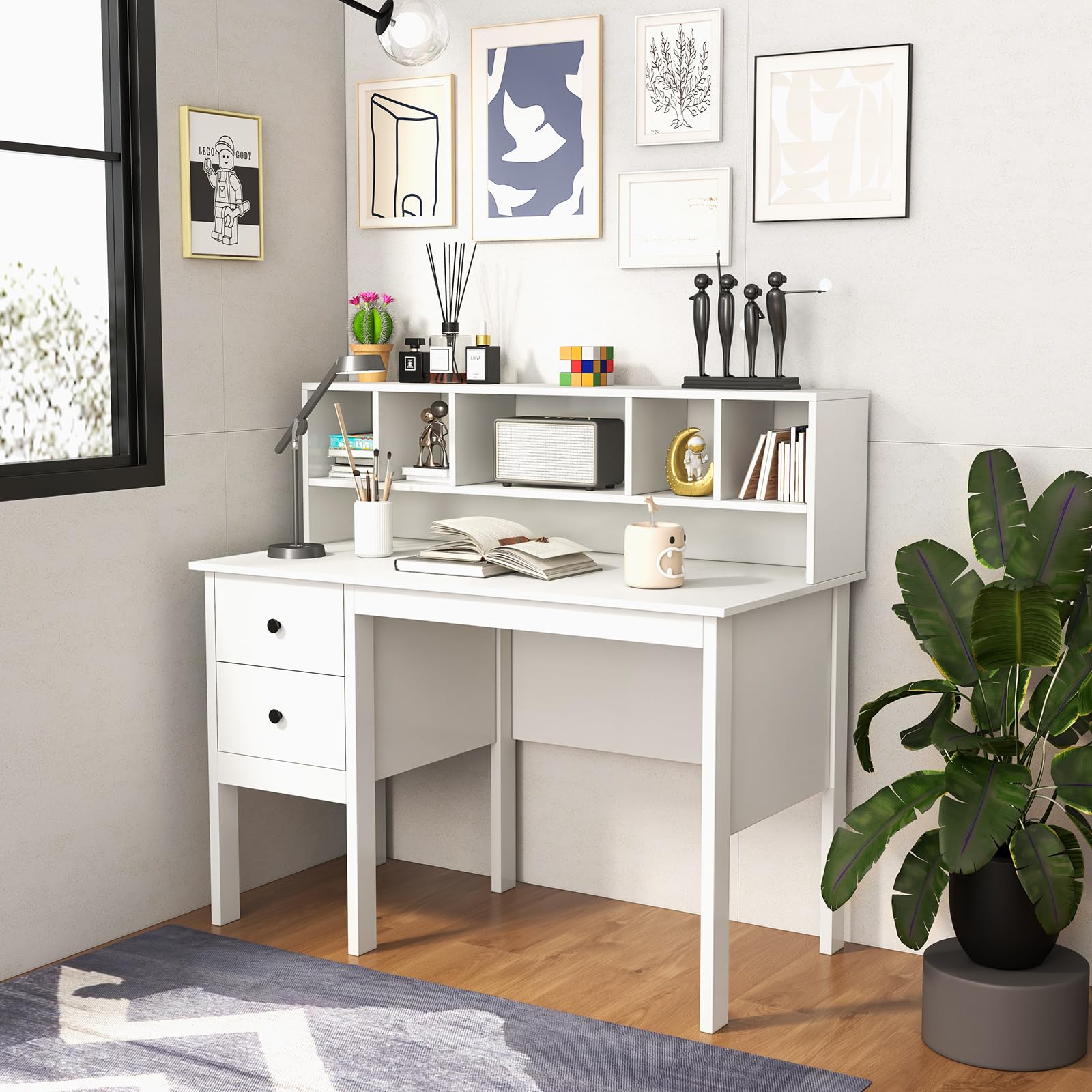 LIFEZEAL Scrivania per computer con deposito, tavolo da studio con cassetti e 5 scomparti, postazione di lavoro per ufficio, casa, 120 x 60 x 110 cm, bianco