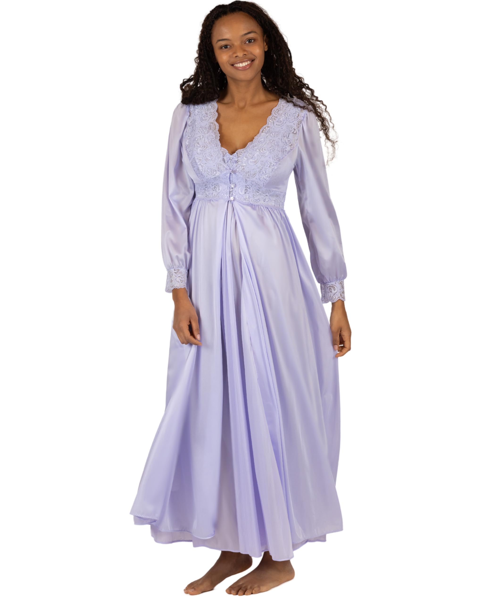 SHADOWLINE Women's Long Flowy Figure Flattering Button Down Robe- Silky Floral Stretch Lace Bodice Lingerie Elegant Sleepwear