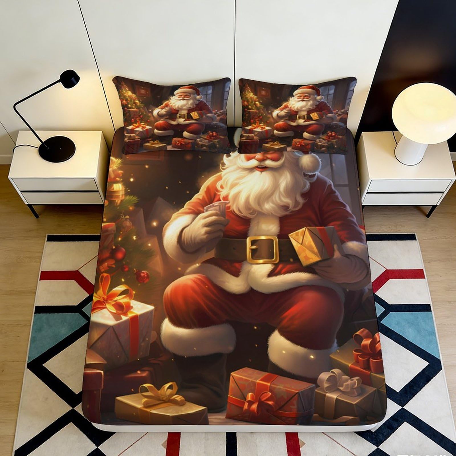 3D Printed Santa Claus Fitted Sheet Microfiber Anti-Slip Bed Cover for Bedroom Dorm Decoration 90x200x25cm