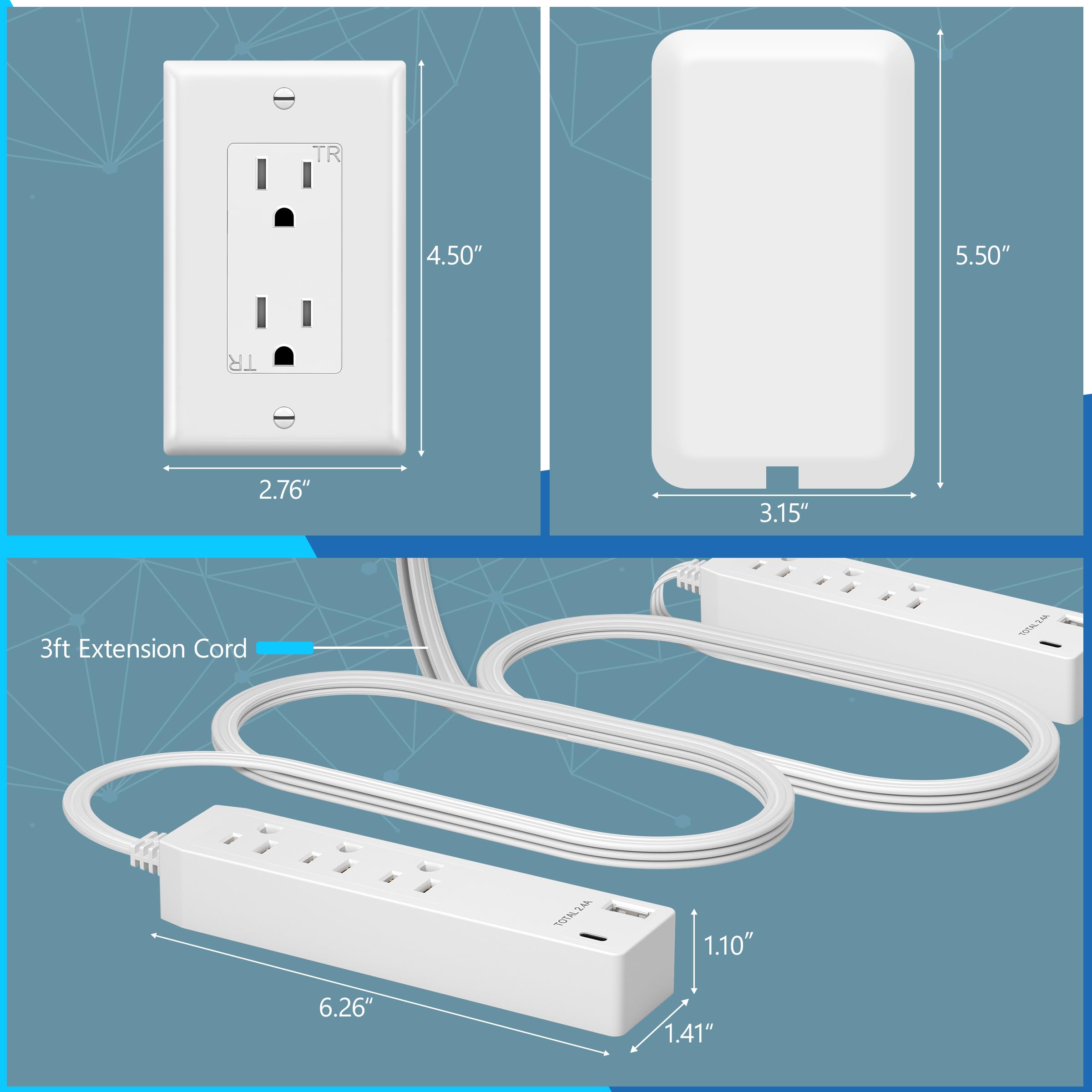 LIDER 3 Steckdosenverlängerung, 2 Steckdosenleiste mit USB Typ A und Typ C Ladegerät, USB-Anschluss, ultradünner Wandstecker mit Kabelverlängerung, Steckdosenleiste mit 3 Steckdosen, Gesichtsplan