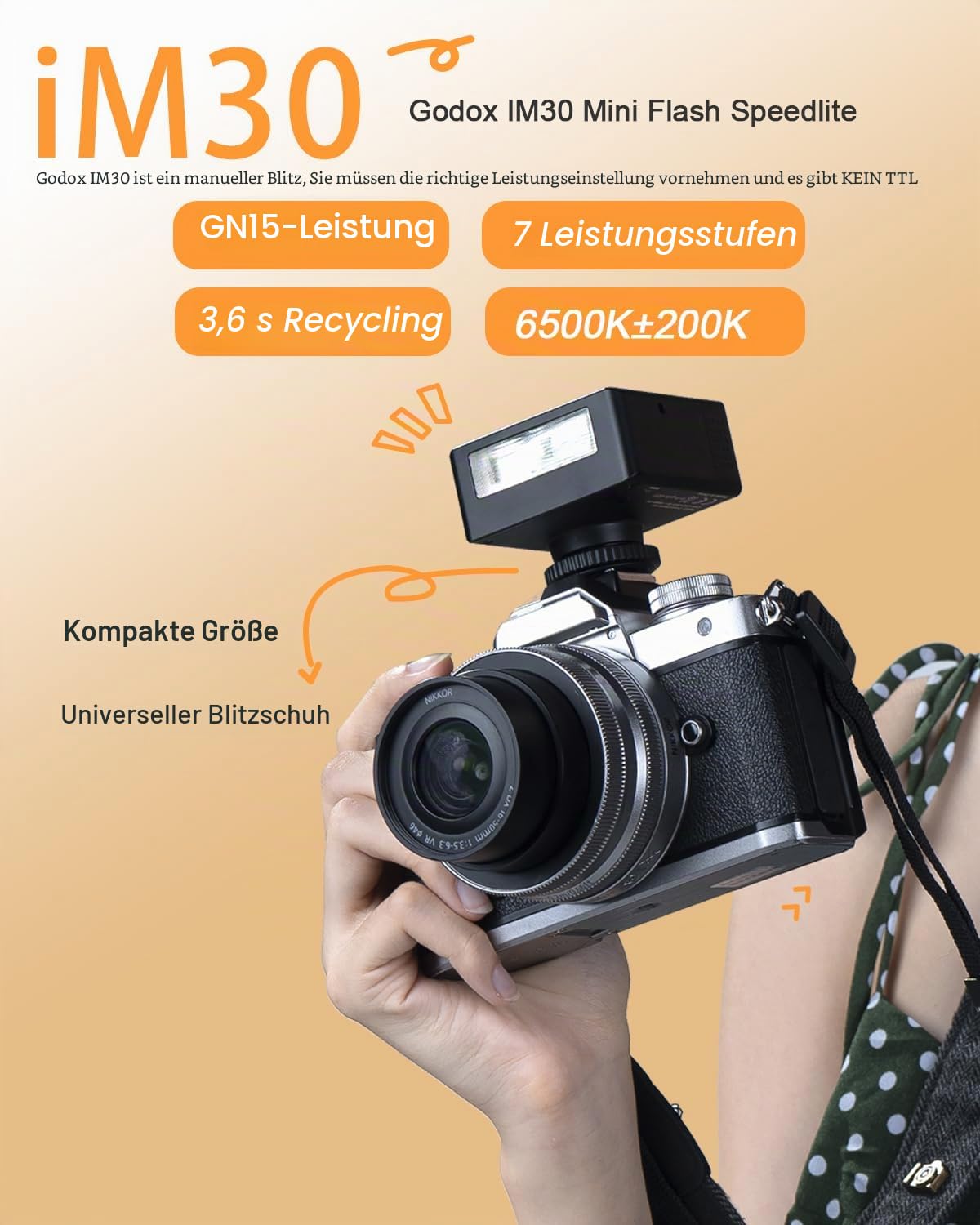 Godox iM30 Mini-Blitz, Speedlite Kompatibel mit Sony ZV1/ZV-E10, Canon, Nikon, Fuji und Ricoh GR3, GN15 Leistung mit 7 einstellbaren Stufen, 6500 K Tageslichtausgleichsblitz, 3,6 s Wiederholungszeit,