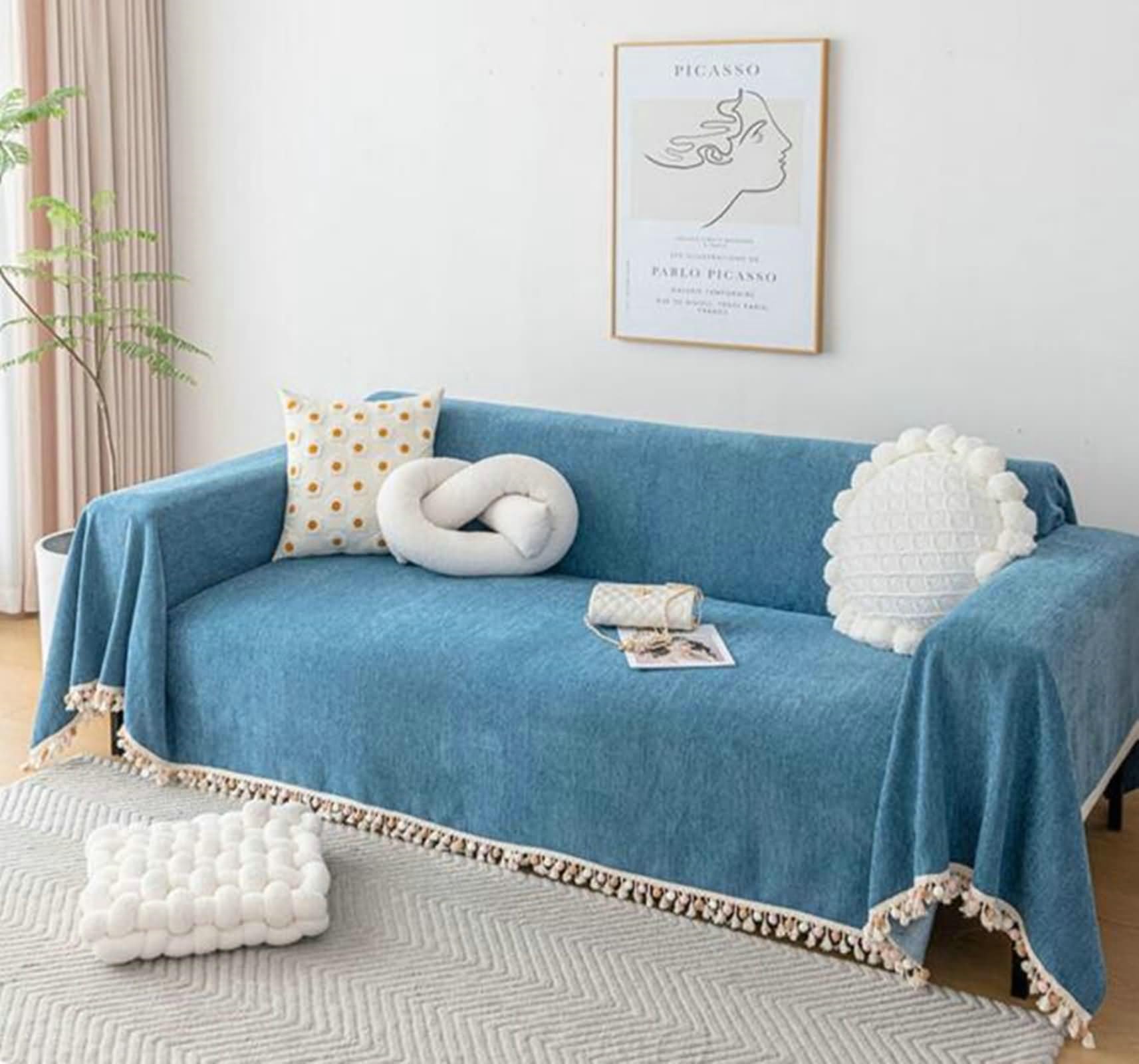 Copridivano A Sacco Telo Copridivano Blu Copridivano 4 Posti Chenille Tinta Unita con Nappe Copridivano Waterproof
