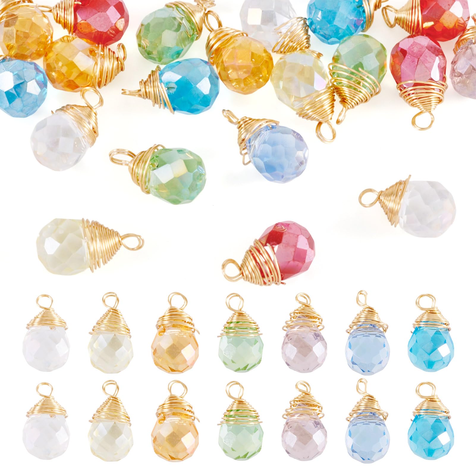 KISSITTY 20Pcs Glass Water Drop Pendants Faceted Teardrop Glass Charms Bulk Colorful Gold Plated Teardrop Dangle Charms with Real 18K Gold Plated Copper Wire for DIY Bracelet Necklace Jewelry Making