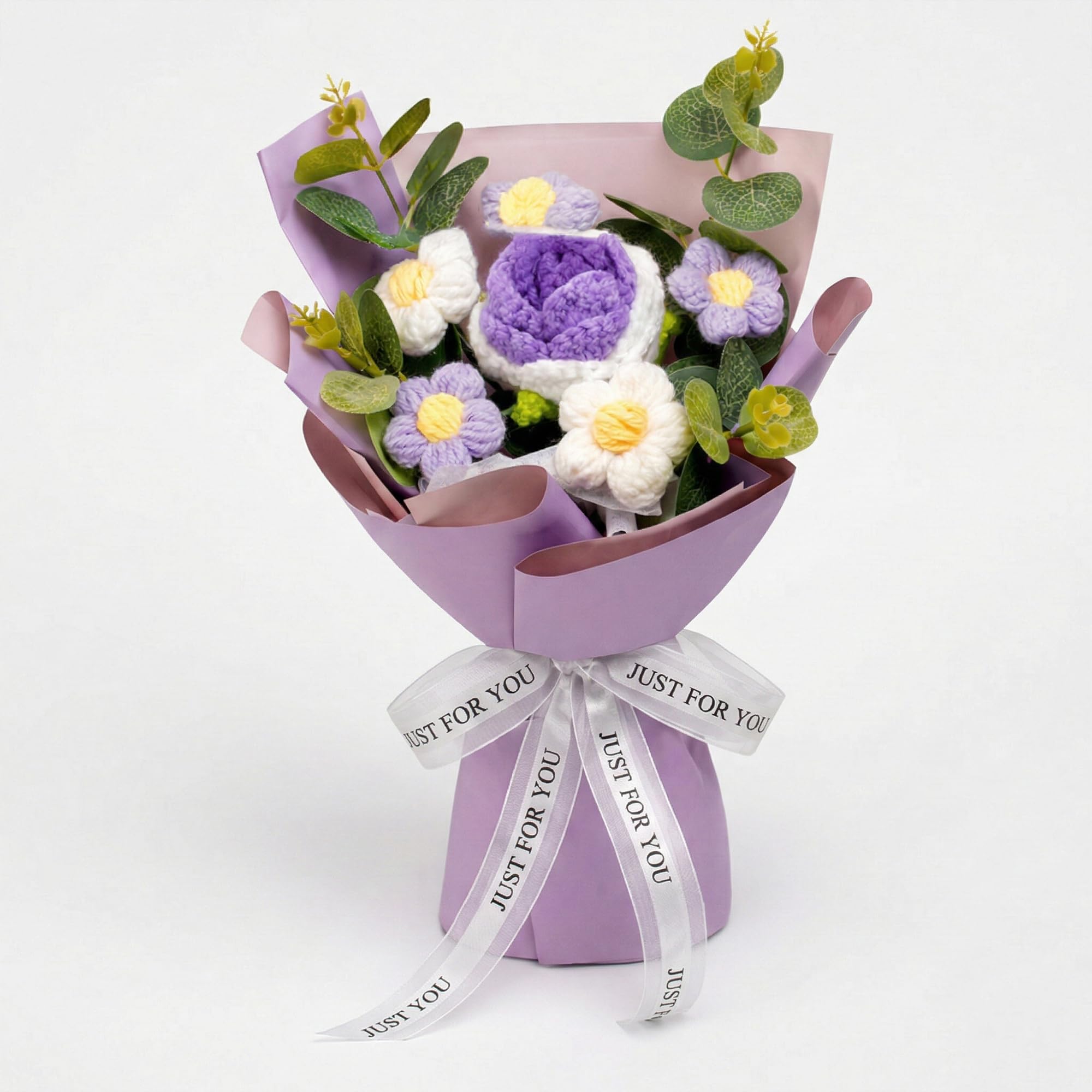 Print Maniacs Women's Purple Crochet Bouquet, Artificial Flowers Gifts For Forever Preserved Flower Decorations Handmade Knitted Flowers For Mother's Day Wedding Anniversary Graduation Birthday Valentines