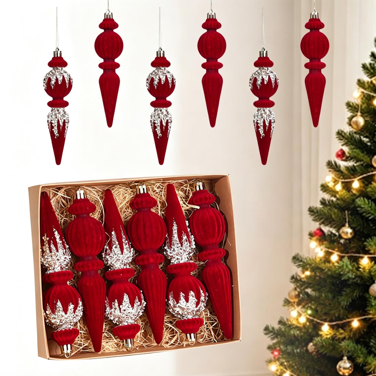 6Pcs Burgundy Velvet Christmas Baubles 16cm / 6.3 Inches, Red & Silver โ image 1